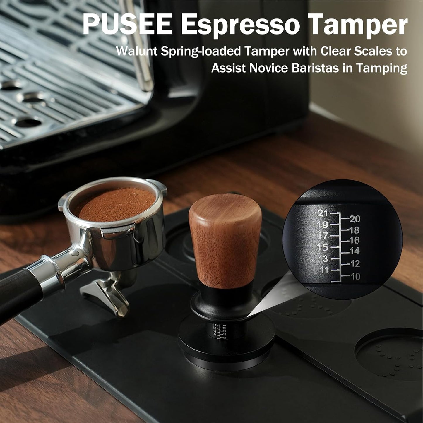PUSEE 58mm Espresso Tamper,Calibrated Tamper with 30lbs Double Spring Loaded Tamper Walnut Wood Coffee Tamper for Barista Home,Titanium PVD Coating Base Tamper Espresso Tool Fits 58mm Portafilters