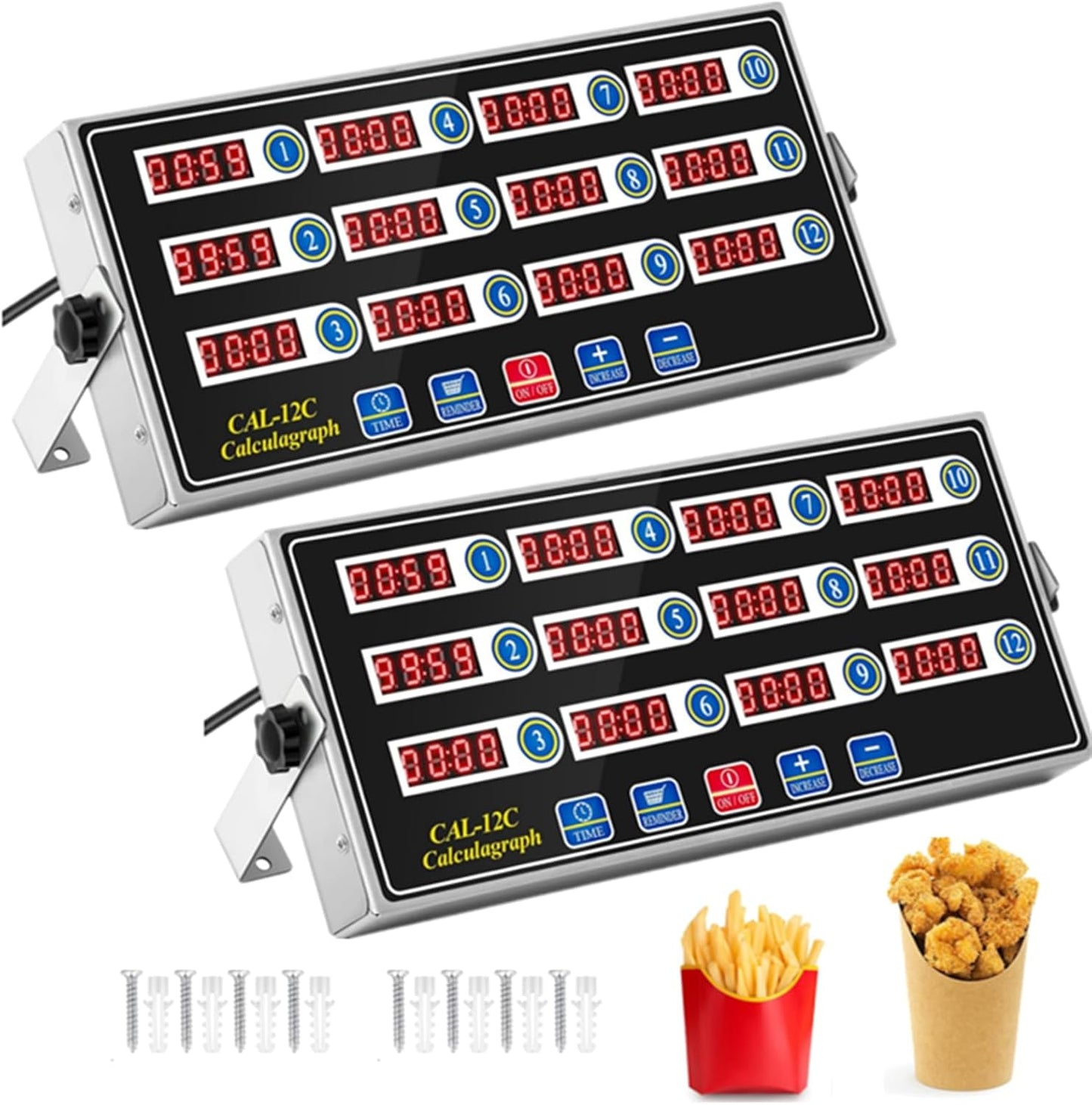 2 Pack 12-Channel Digital Kitchen Timer, Commercial Cooking Timer with Loud Alarm, Large LCD Display, for Restaurants, Baking, Labs, Multiple Independent Countdown Timers