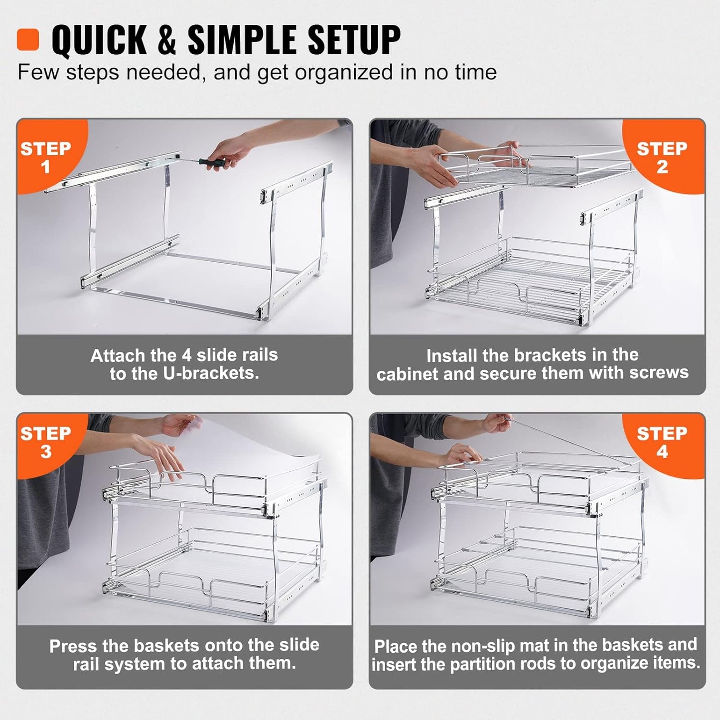 VEVOR Pull Out Cabinet Organizer, 17"Wx21"D 2 Tier Heavy Duty Slide Out Pantry Shelves, Chrome-Plated Steel Roll Out Drawers, Sliding Drawer Storage, 18.5"Wx22"D Install Size for Cabinet
