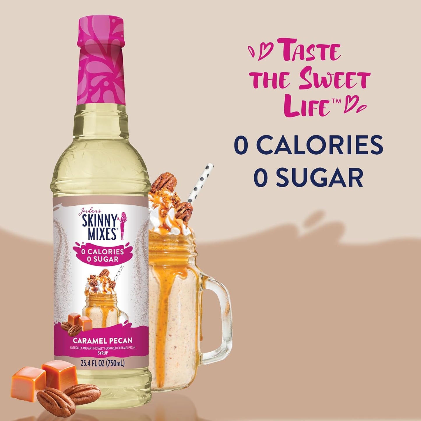 Jordan's Skinny Syrups Sugar Free Coffee Syrup, Caramel Pecan Flavor Drink Mix, Zero Calorie Flavoring for Chai Latte, Protein Shake, Food & More, Gluten Free, Keto Friendly, 25.4 Fl Oz, 1 Pack