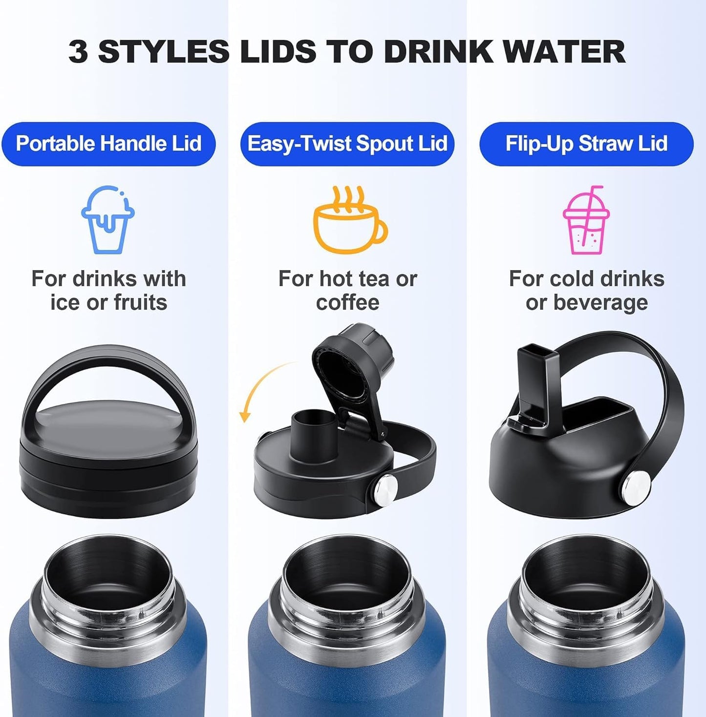 HYDROWION 40 oz Insulated Water Bottle with Straw fit in Car Cup Holder(Cold 48 hrs, Hot 24 hrs) Drinking Bottle with Straw Lid, Spout Lid and Flex Cap Leakproof Travel Thermo Mug，Red