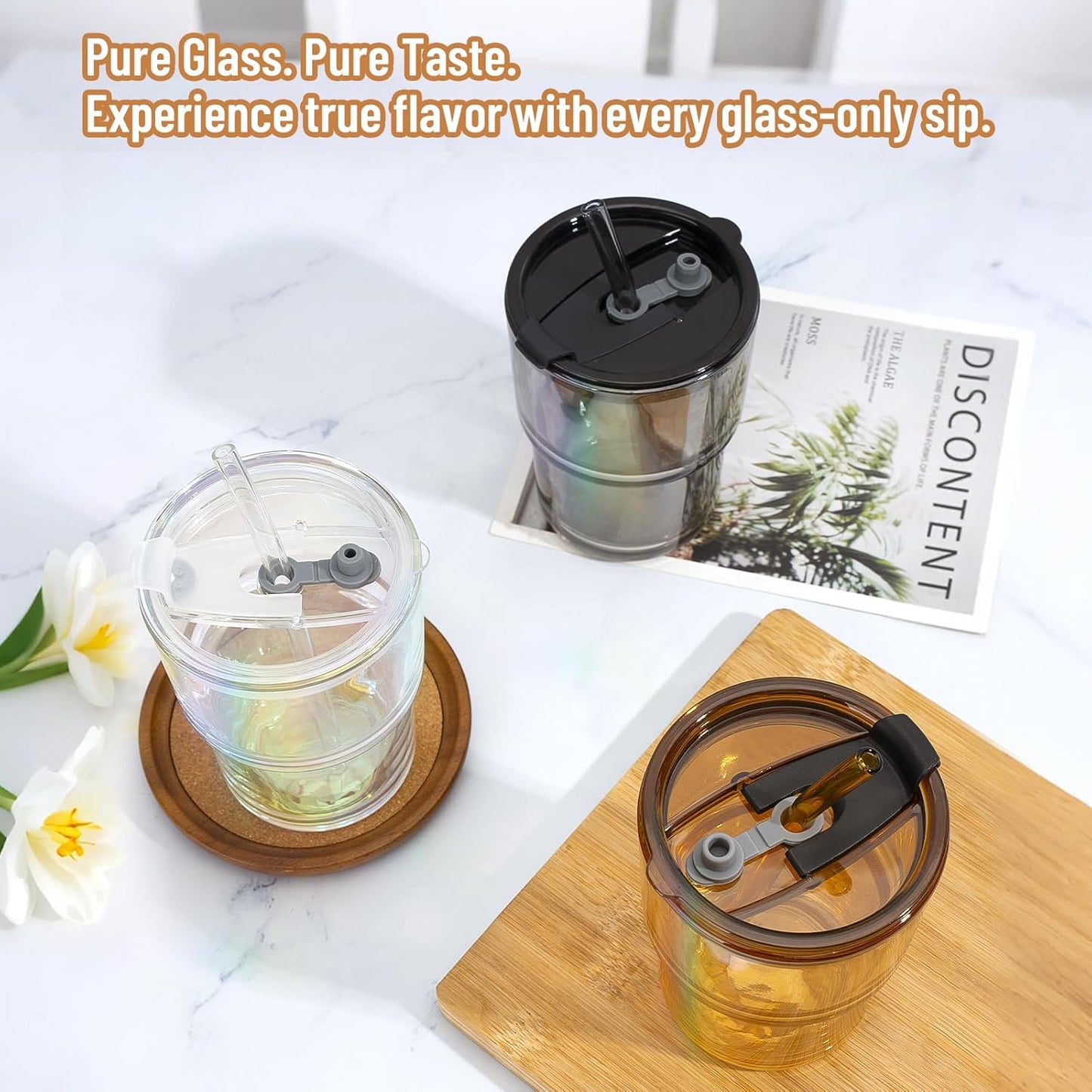 13 oz Glass Tumbler with Glass Straw and Lid, Leak-Proof Reusable Travel Cup for Iced Coffee, Tea, Matcha, Fruit Juice – Thick Wall Clear Water Bottle (Amber, 2 Pack)