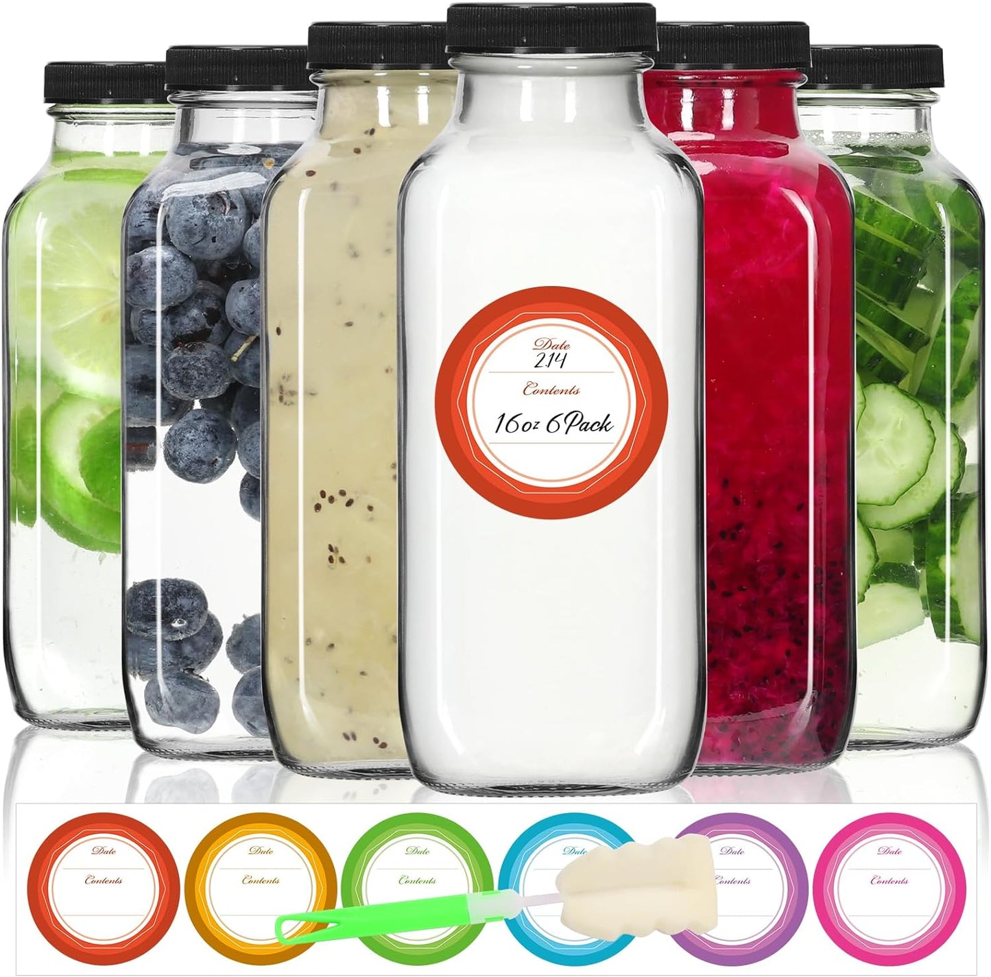 STARSIDE 16 oz Glass Juice Bottles with Lids 6 Pack - Square Reusable Drinking Jars for Juicing, Milk, Kombucha - Includes 1 Bottle Brush, 6 Colored Labels