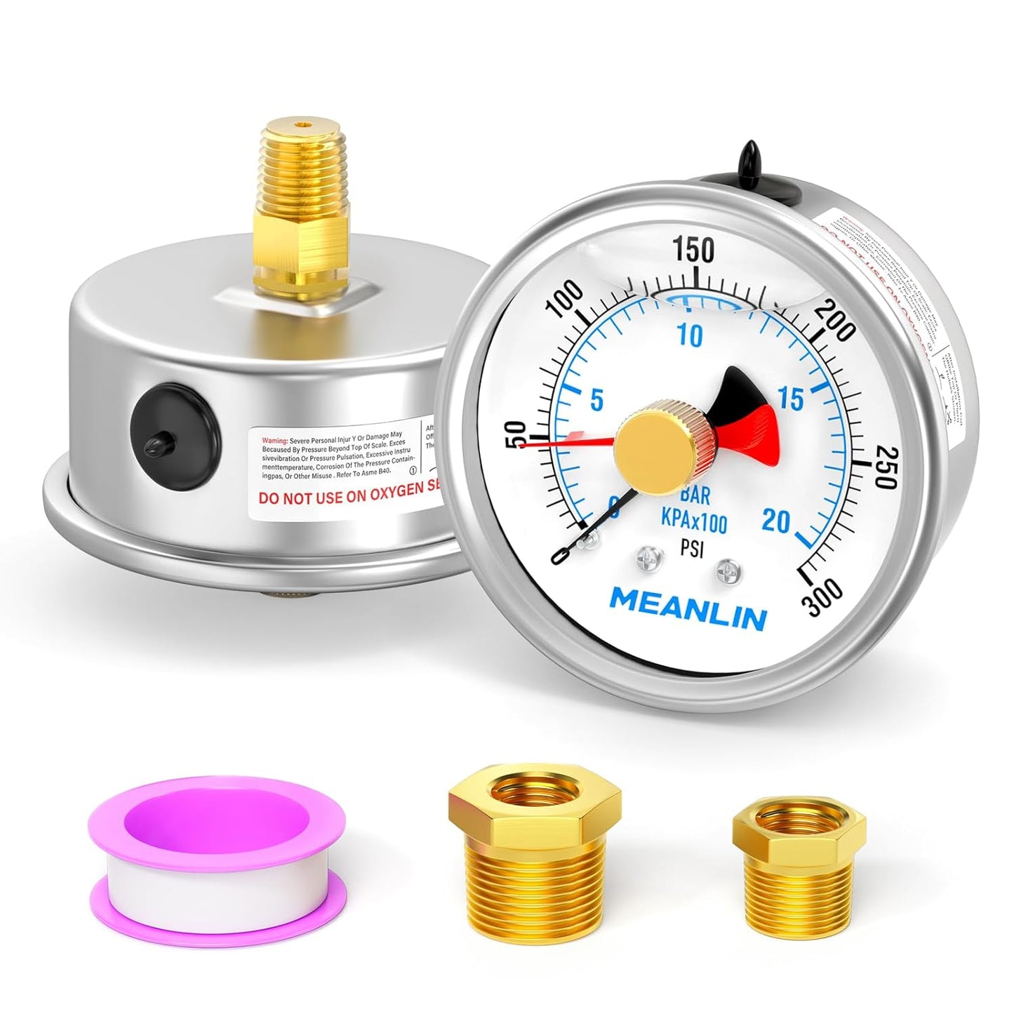 MEANLIN MEASURE 0~300Psi Stainless Steel 1/4" NPT 2.5" FACE DIAL with Reset Pointer Liquid Filled Pressure Gauge WOG Water Oil Air, Back Mount, with Brass Hex Bushing