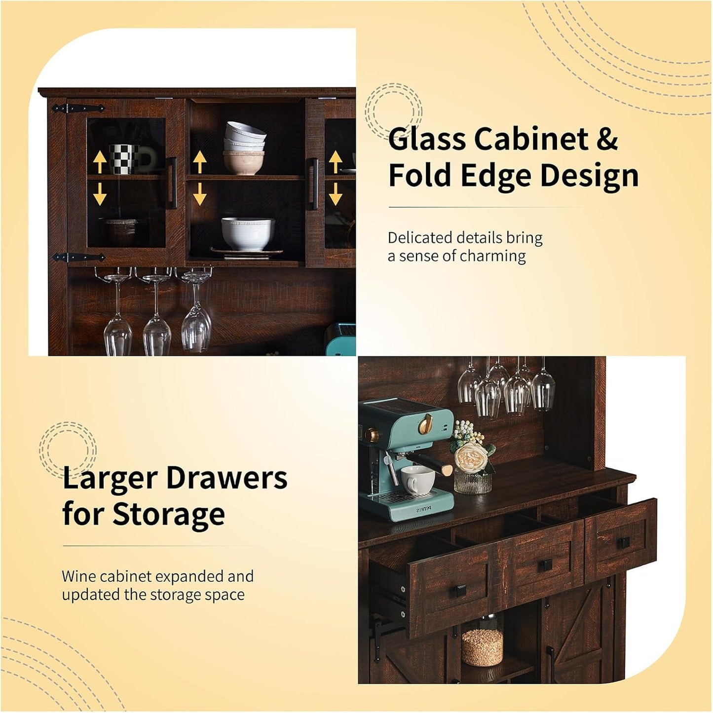 72" Coffee Bar Wine Cabinet with Sliding Barn Door & LED Lights, Sideboard Buffet Cabinet with Wine Bottle Rack, 3 Drawers, Storage Cabinets for Kitchen, Dining Room, Brown