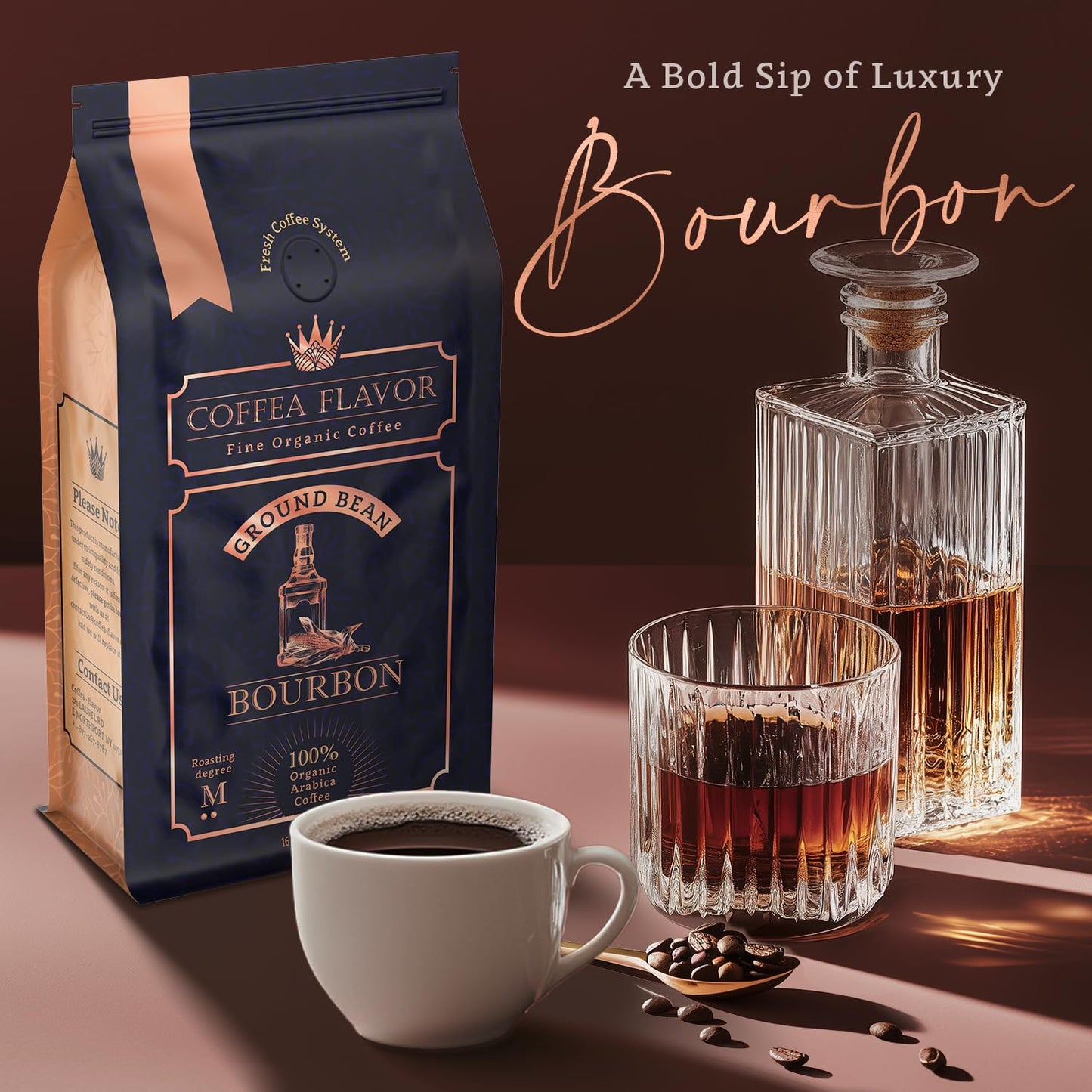 Flavored Ground Coffee – Bourbon, 100% Arabica, Single Origin, Medium Roast, USDA Organic, Naturally Flavored – by Coffea Flavor