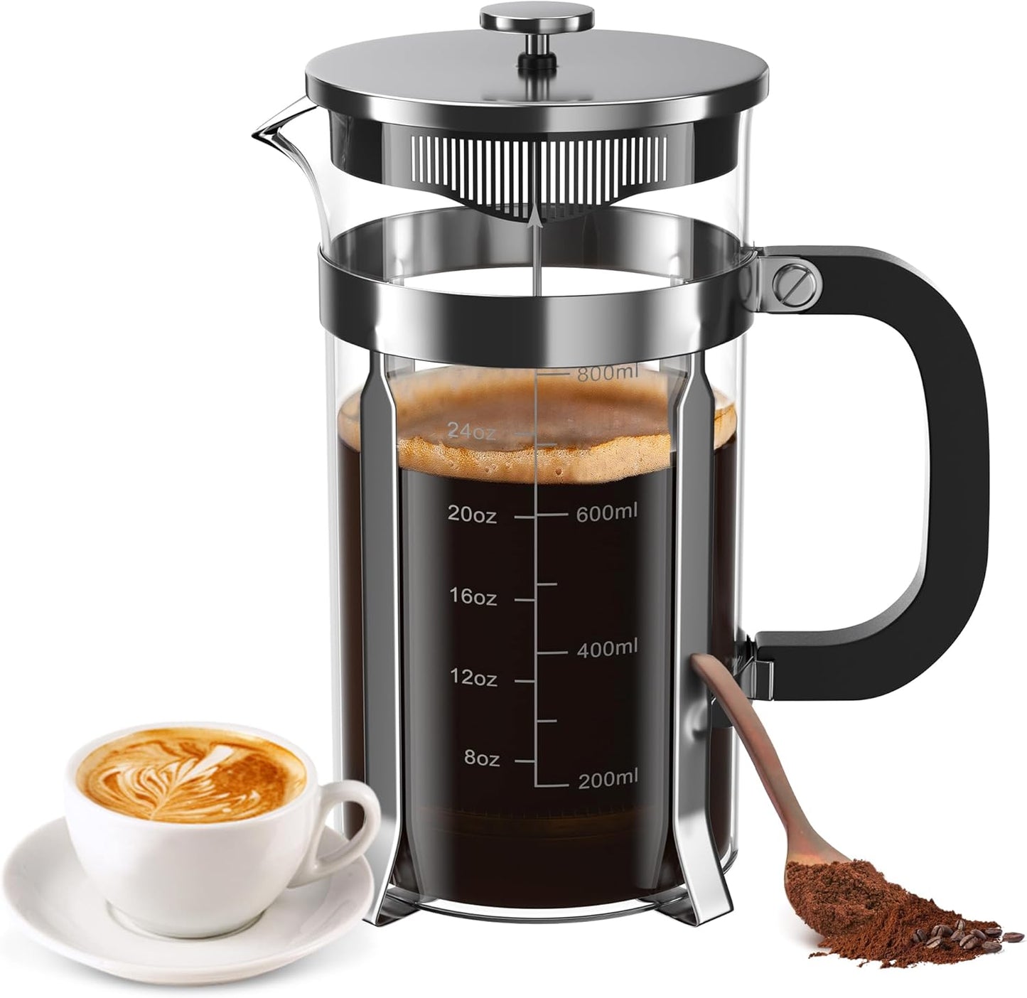 French Press Coffee Maker, 34 Ounce 1 Liter, Stainless Steel, Cold Brew Heat Resistant Borosilicate Glass Espresso Coffee & Tea Maker with 4 Filter
