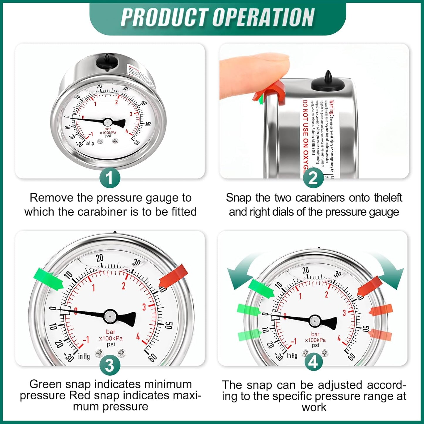 '-30inHG-60PSI Stainless Steel Liquid Filled Pressure Gauge, 2.5" Dial Size, 1/8" NPT Back Mount, for Tube, Water Pump, Gas, Liquid, Pressure Test (with Range Mark Pointer)
