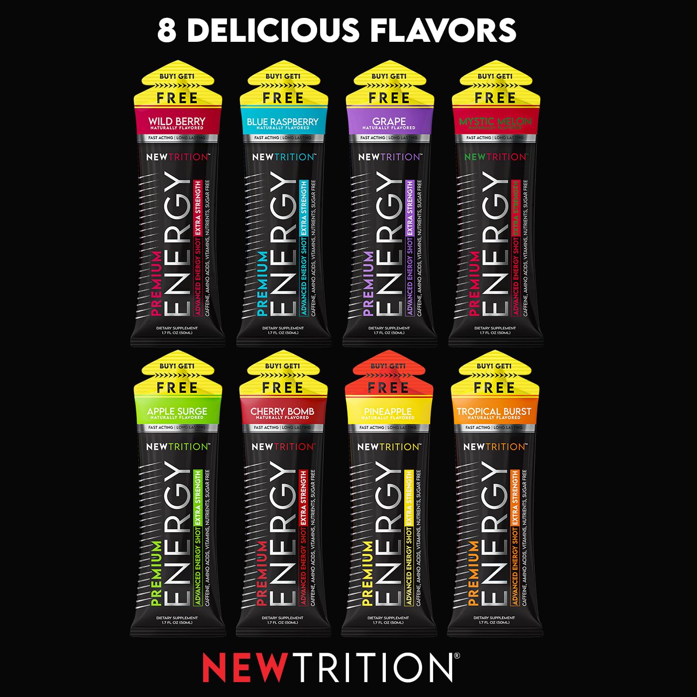 NewTrition® Extra Strength Energy Shots, 250mg Caffeine Energy Shots with Vitamin B & Amino Acids, Sugar-Free Vitamin Energy Shot, 1.7 fl oz (Pack of 12, Tropical Burst)