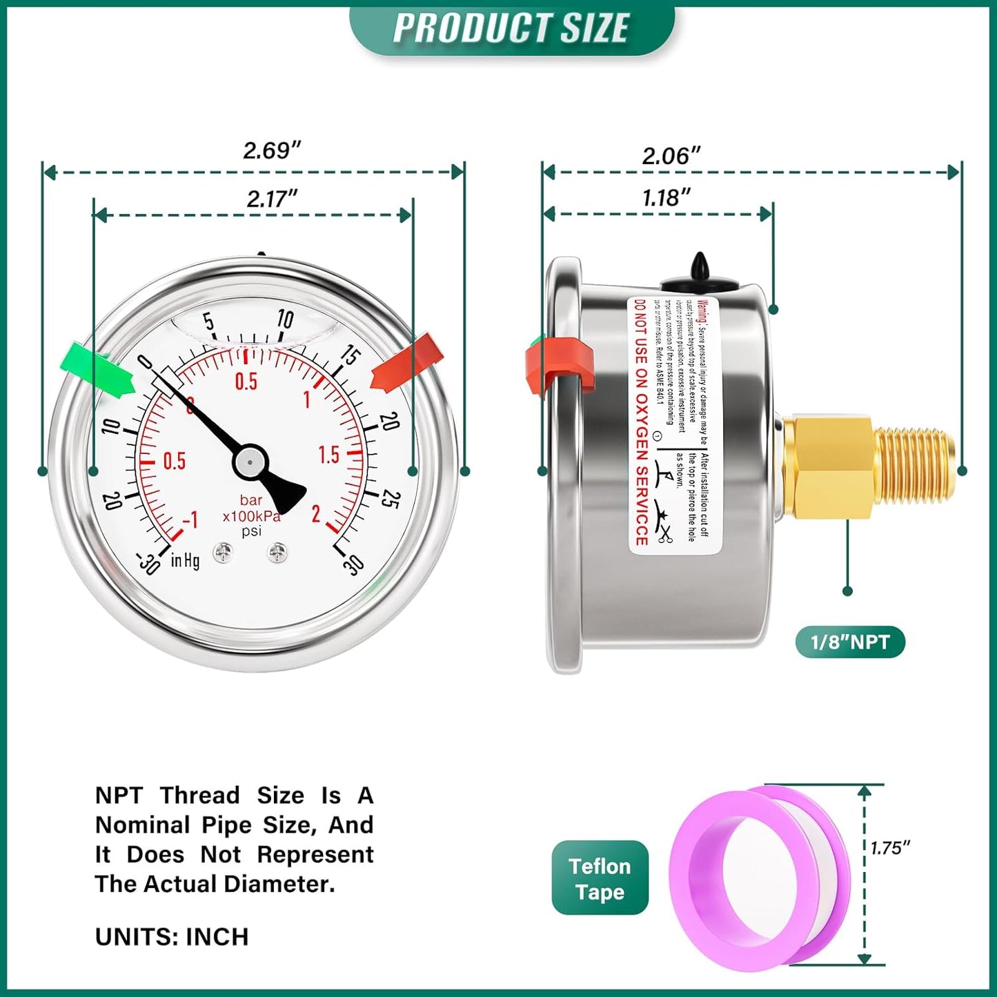 '-30inHG-30PSI Stainless Steel Liquid Filled Pressure Gauge, 2.5" Dial Size, 1/8" NPT Back Mount, for Tube, Water Pump, Gas, Liquid, Pressure Test (with Range Mark Pointer)