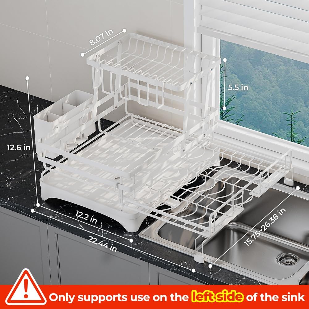 2 Tier Large Dish Drying Rack - Extendable Dish Rack, 2-in-1 Anti-Rust Stainless Steel Dishrack for Kitchen Counter and Sink, Dish Strainer with Utensil Holder & Cup Holder(White)