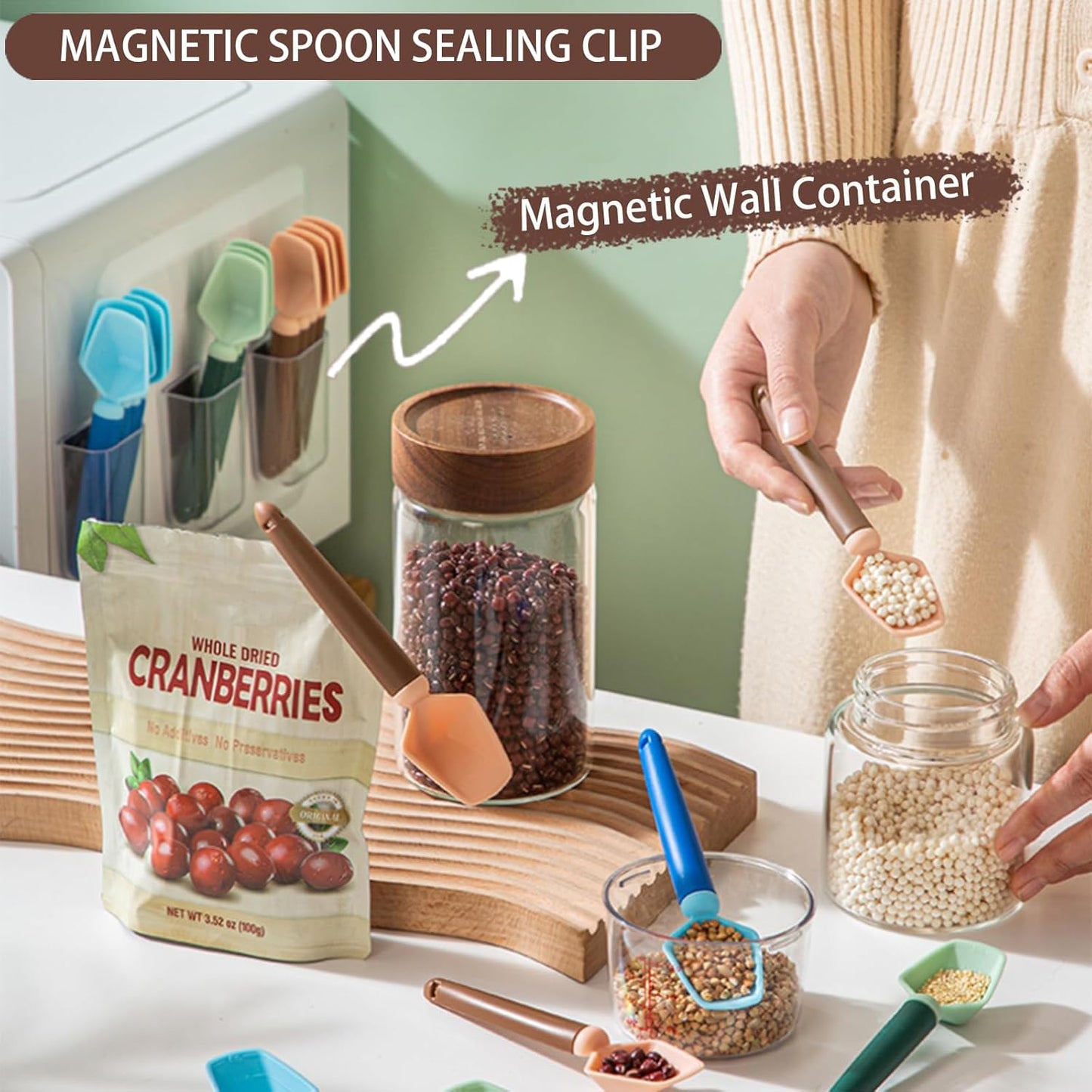 2 SET of 8 PCS Multi-functional sealing clip with measuring spoon Magnetic Coffee Measuring Spoon Sealing Clips with Wall Container Mount, PP materia, Deep Bowl Design (Blue)