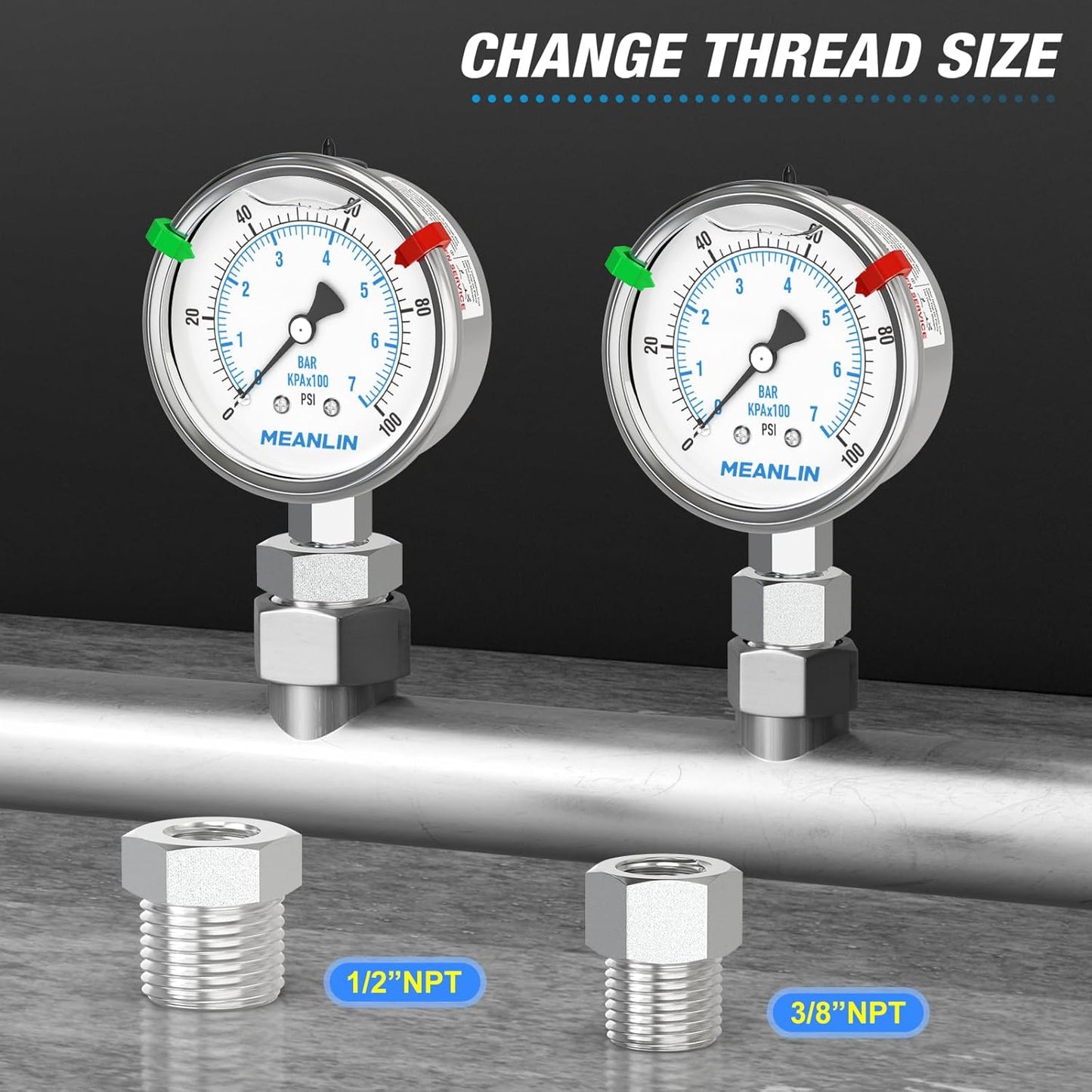 MEANLIN MEASURE 0~100Psi Stainless Steel Liquid Filled Pressure Gauge 2.5" FACE DIAL 1/4" NPT for Well Pump Tire Water Pressure Tester Lower Mount with Stainless Steel Hex Bushing and Snaps