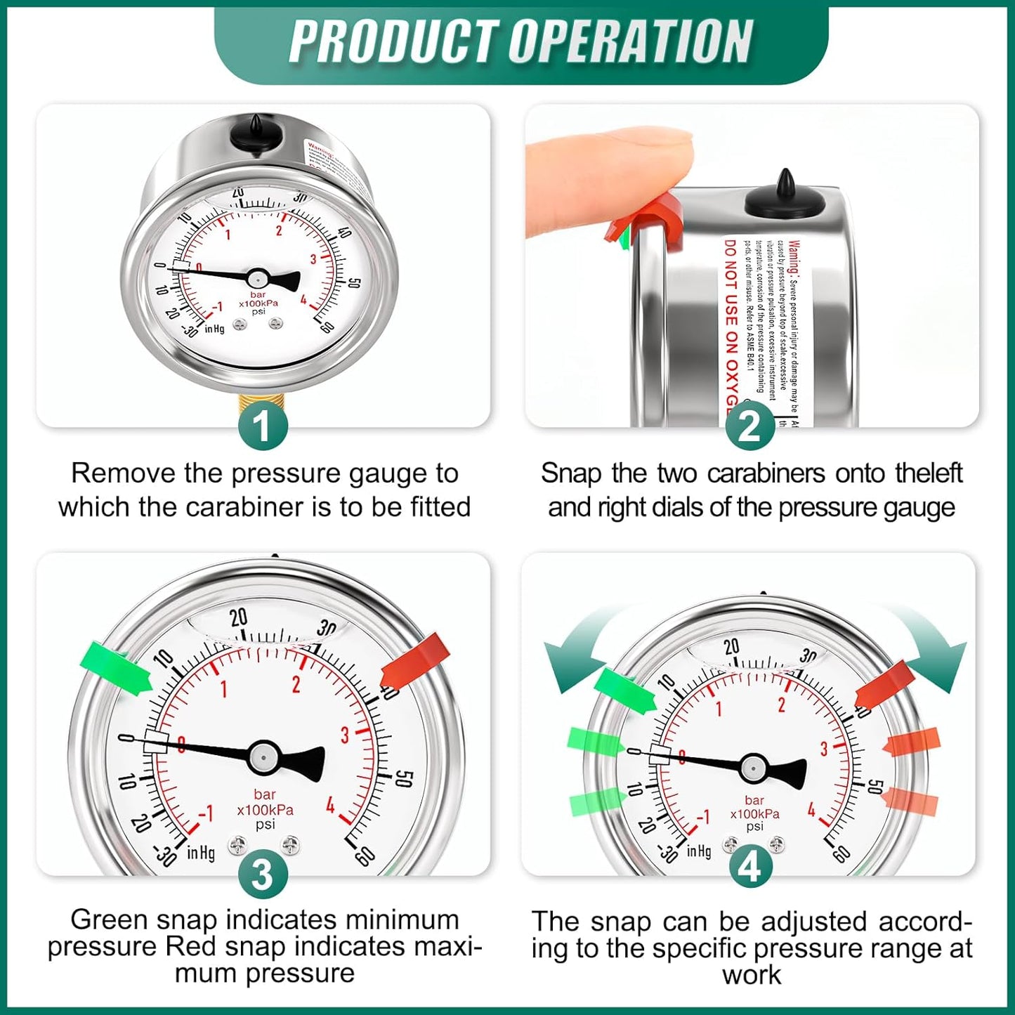 '-30inHG-60PSI Stainless Steel Liquid Filled Pressure Gauge, 2.5" Dial Size, 1/8" NPT Lower Mount, for Tube, Water Pump, Gas, Liquid, Pressure Test (with Range Mark Pointer)
