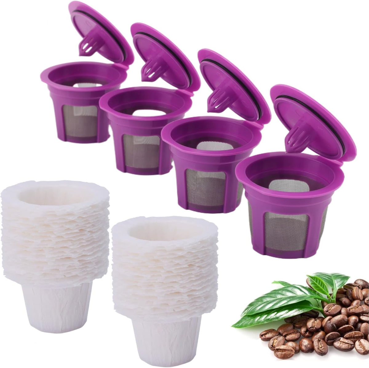 4 Pack Reusable K Cup Coffee Pods with 100 Count Disposable Coffee Paper Filters,Compatible with Keurig Single Serve Coffee Maker 2.0 & 1.0