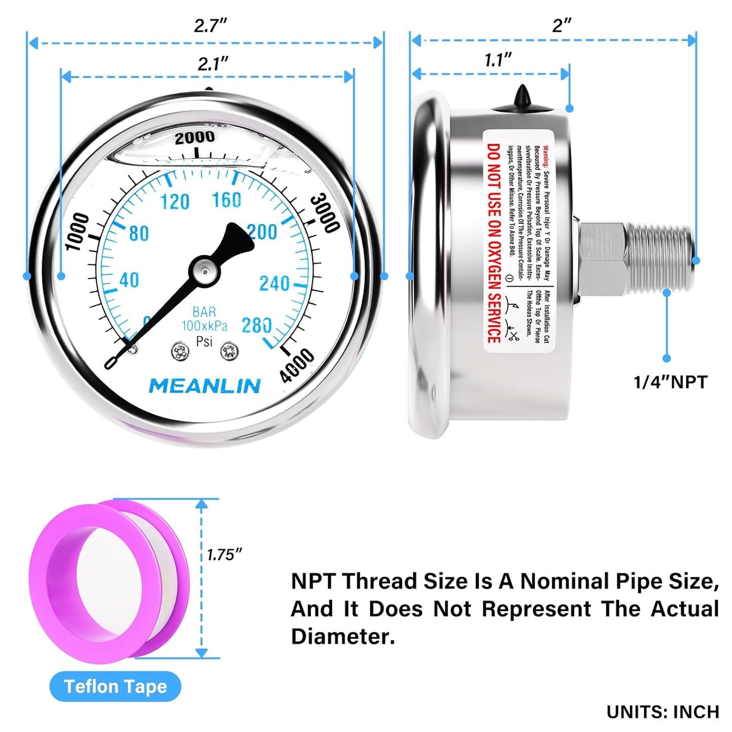 MEANLIN MEASURE 0~4000Psi Liquid Filled Pressure Gauge Stainless Steel with 316 Stainless Steel Joint 1/4" NPT 2.5" FACE DIAL for WOG Water Oil Air Center Back Mount
