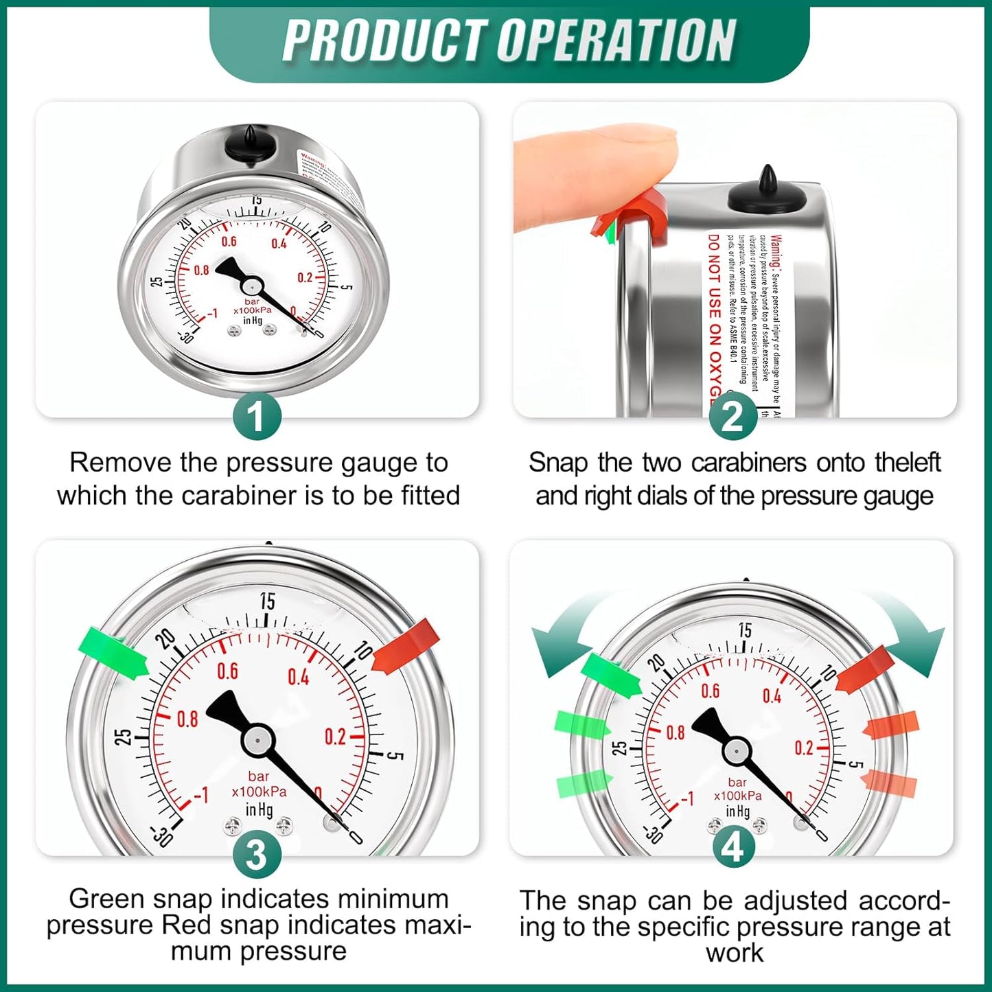 '-30inHG-0PSI Stainless Steel Liquid Filled Pressure Gauge, 2.5" Dial Size, 1/8" NPT Back Mount, for Tube, Water Pump, Gas, Liquid, Pressure Test (with Range Mark Pointer)