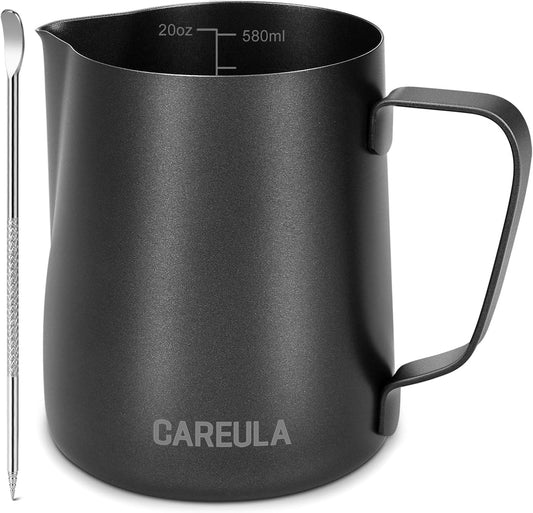 Milk Frothing Pitcher, 20oz Stainless Steel Milk Frother Cup Steaming Pitcher, Coffee Bar Cappuccino Espresso Machine Accessories Barista Tools, Metal Pitcher Milk Jug with Latte Art Pen, Matte Black