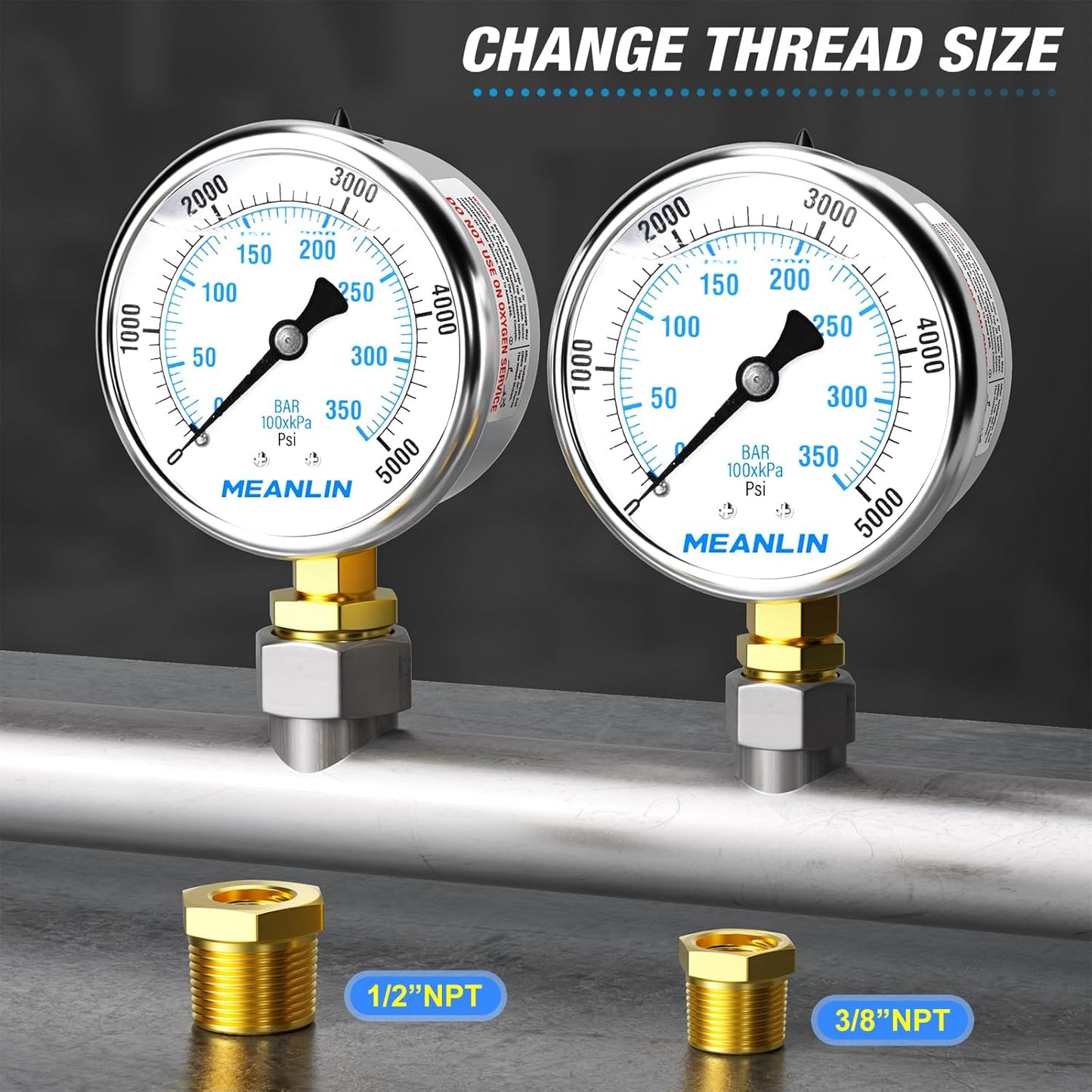 MEANLIN MEASURE 0~5000Psi Stainless Steel 1/4" NPT 2.5" FACE DIAL Liquid Filled Pressure Gauge WOG Water Oil Air Lower Mount, with 1/2" NPT and 3/8" NPT Hex Bushing
