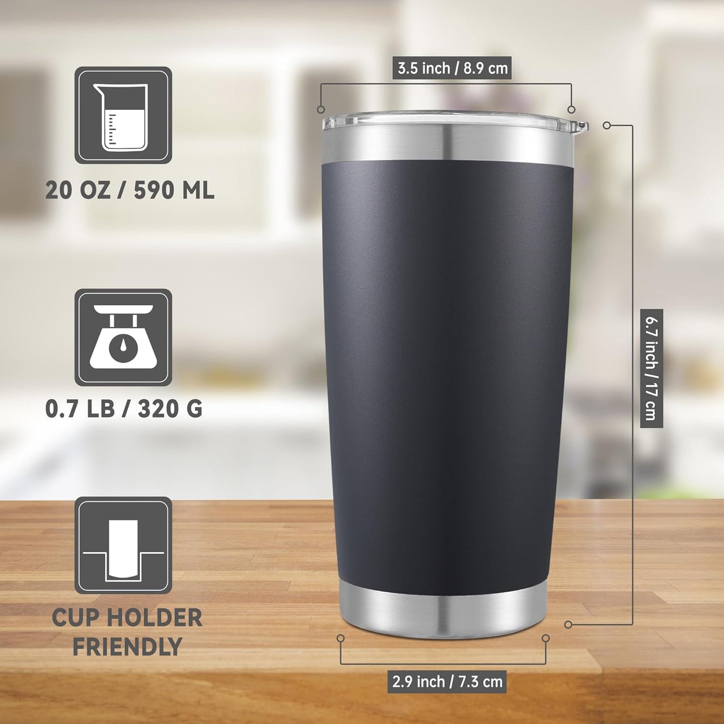20 oz Tumbler Stainless Steel Tumblers with Lid Double Wall Vacuum Insulated Coffee Mug 20oz Powder Coated Cup for Hot and Cold Drinks, Black, 1 pack