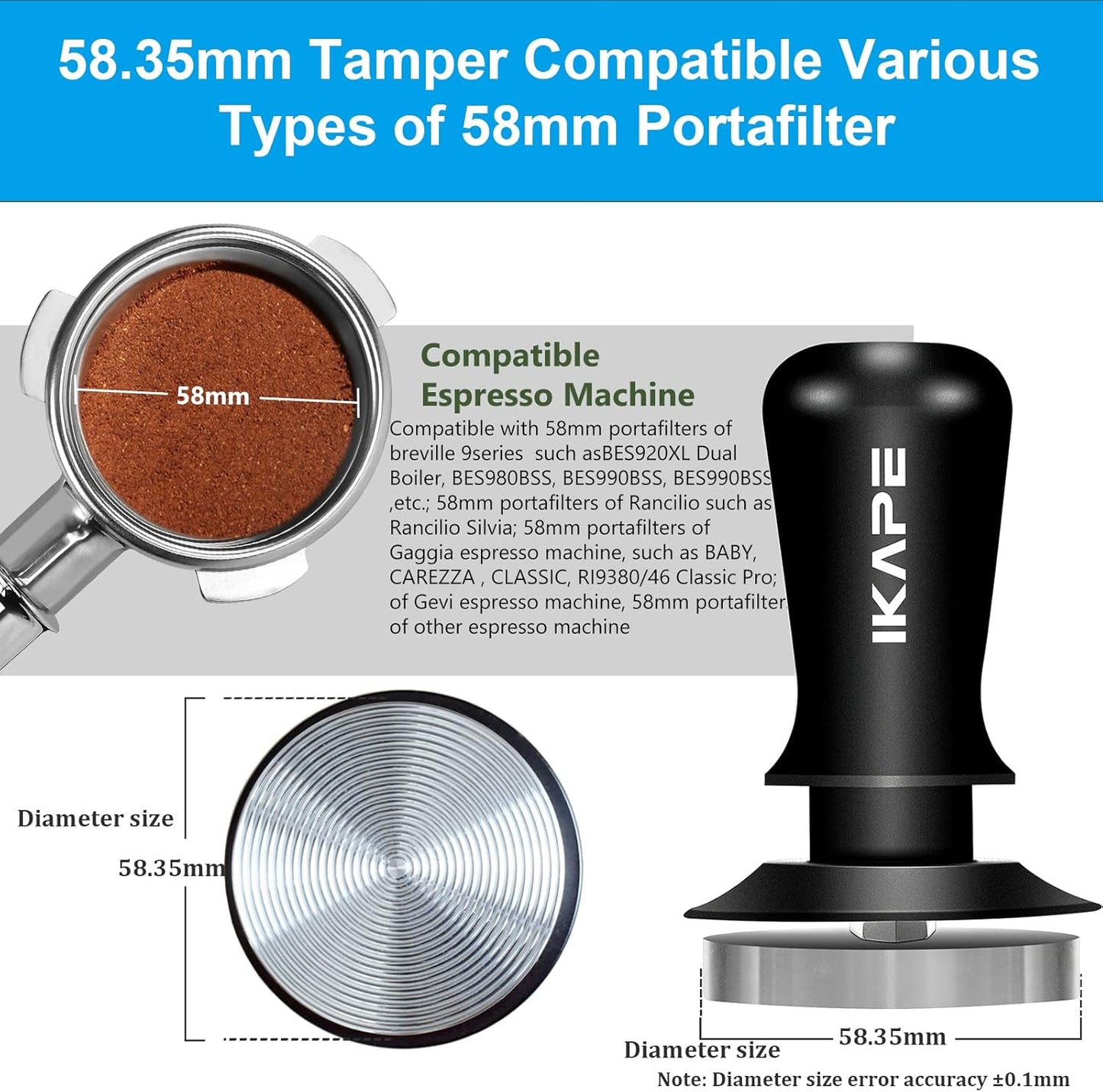 IKAPE 58.35mm Espresso Tamper, Premium Barista Coffee Tamper with Calibrated Spring Loaded, 100% Stainless Steel Base Tamper Compatible with Espresso Machine Rancilio, Gaggia Bottomless Portafilter