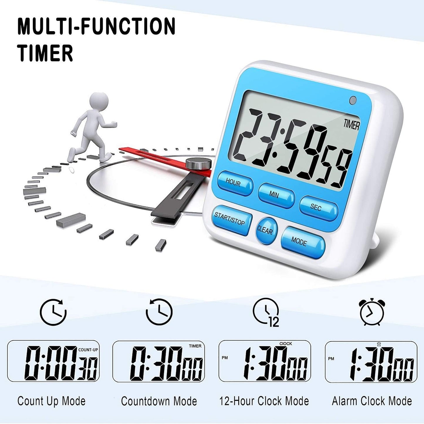 KTKUDY Digital Kitchen Timer with Mute/Loud Alarm Switch ON/Off Switch, 24 Hour Clock & Alarm, Memory Function Count Up & Count Down for Kids Teachers Cooking, Large LCD Display, Strong Magnet (Blue)