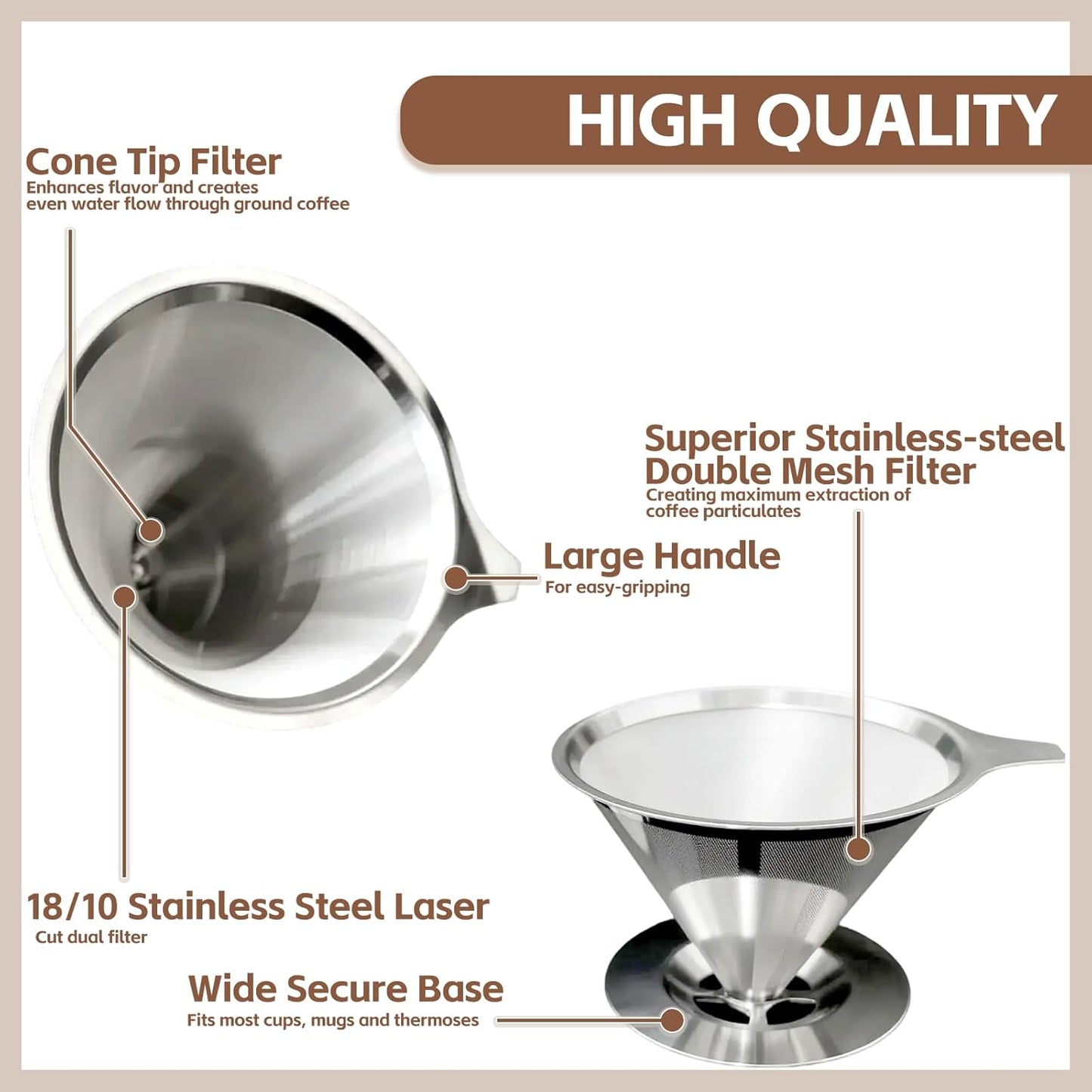 Pour Over Coffee Dripper Stainless Steel Coffee Filter Metal Cone Filter Extra Fine Wire Mesh Reusable Coffee Filter Coffee Maker (Silver, 1-6 Cups)