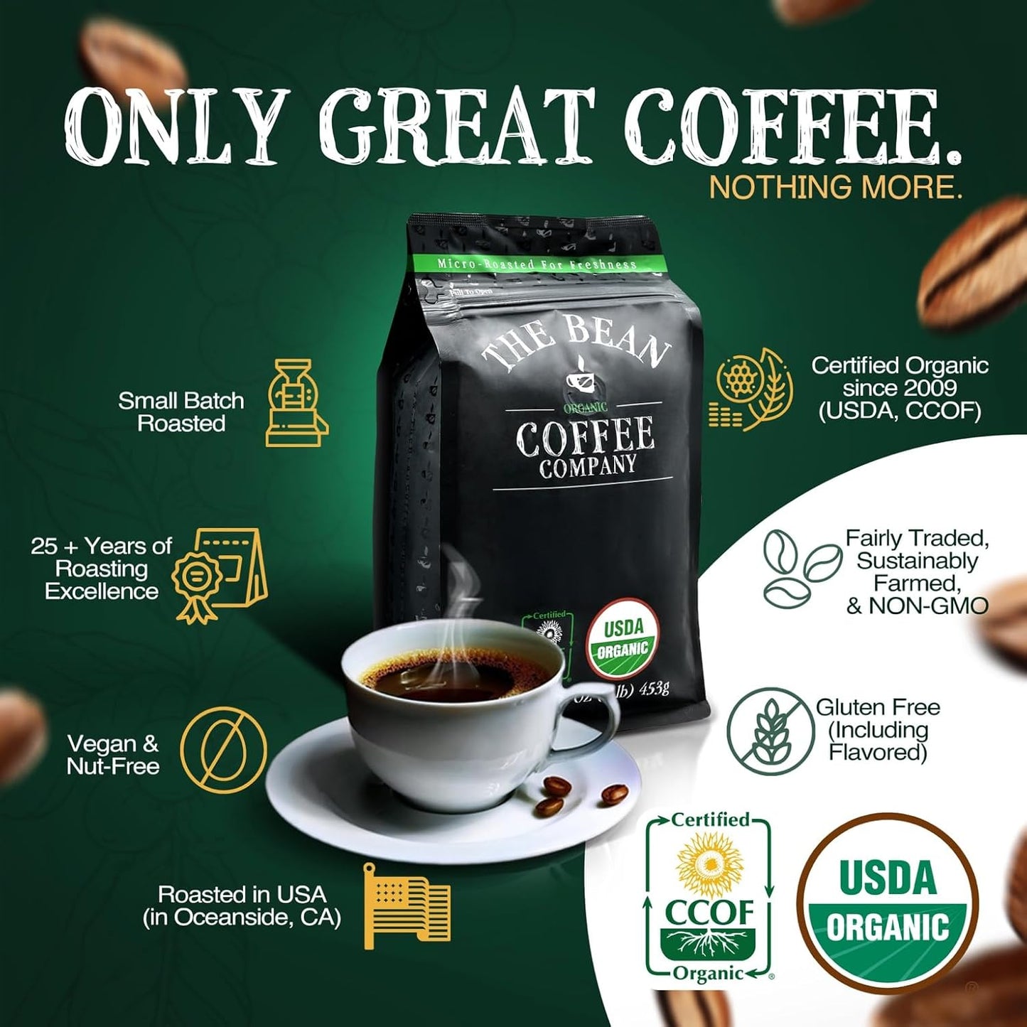 The Bean Organic Coffee Company Il Chicco (Traditional Italian Roast), Dark Roast, Whole Bean Coffee, 16-Ounce Bag