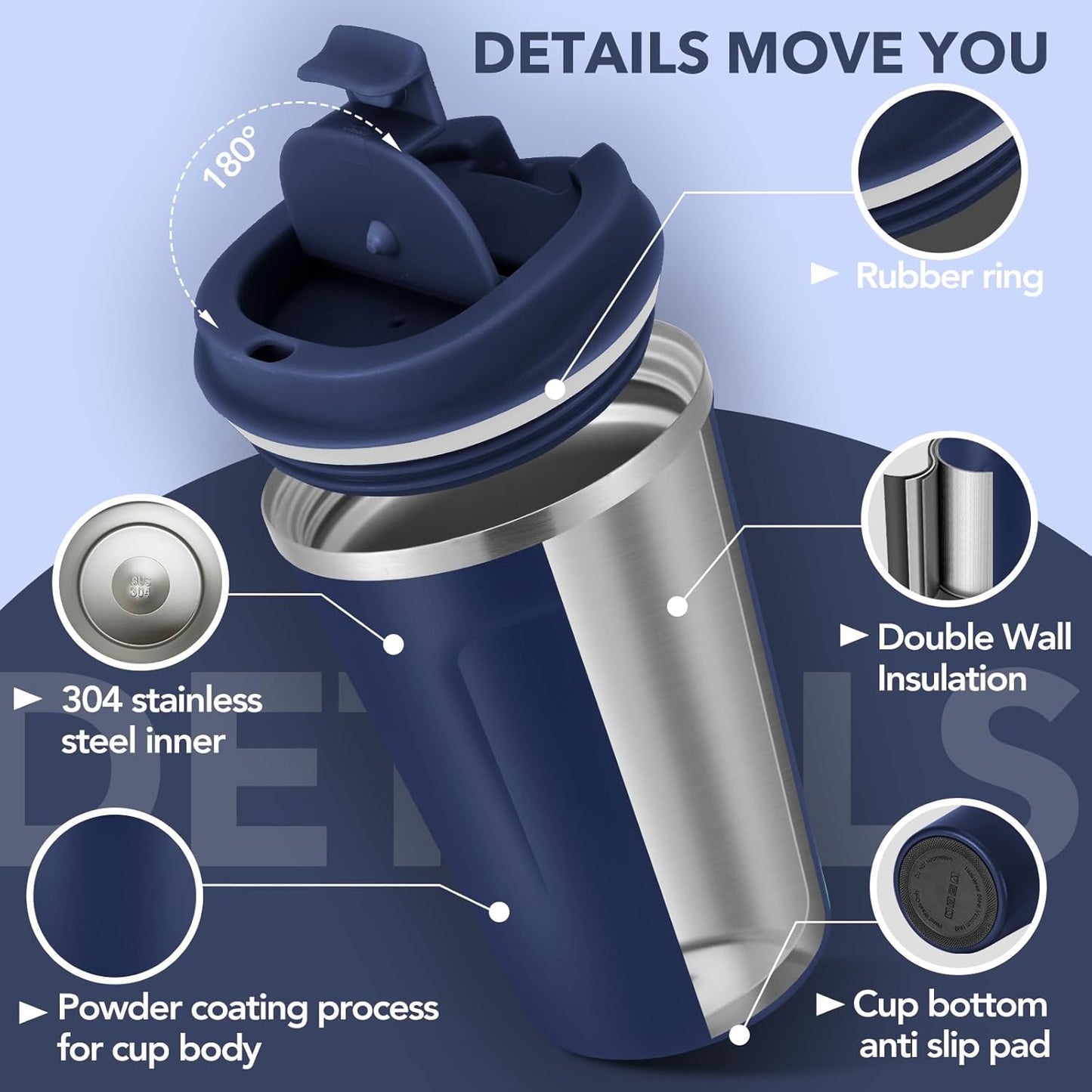 Volhoply 12 oz Double Wall Insulated Vacuum Travel Coffee Mugs with Flip Lid Bulk 2 Pack,Reusable Stainless Steel Leak Proof Coffee Cup,Portable Cafe Thermal Tumbler for Hot & Cold Drinks(Navy,2 Set)