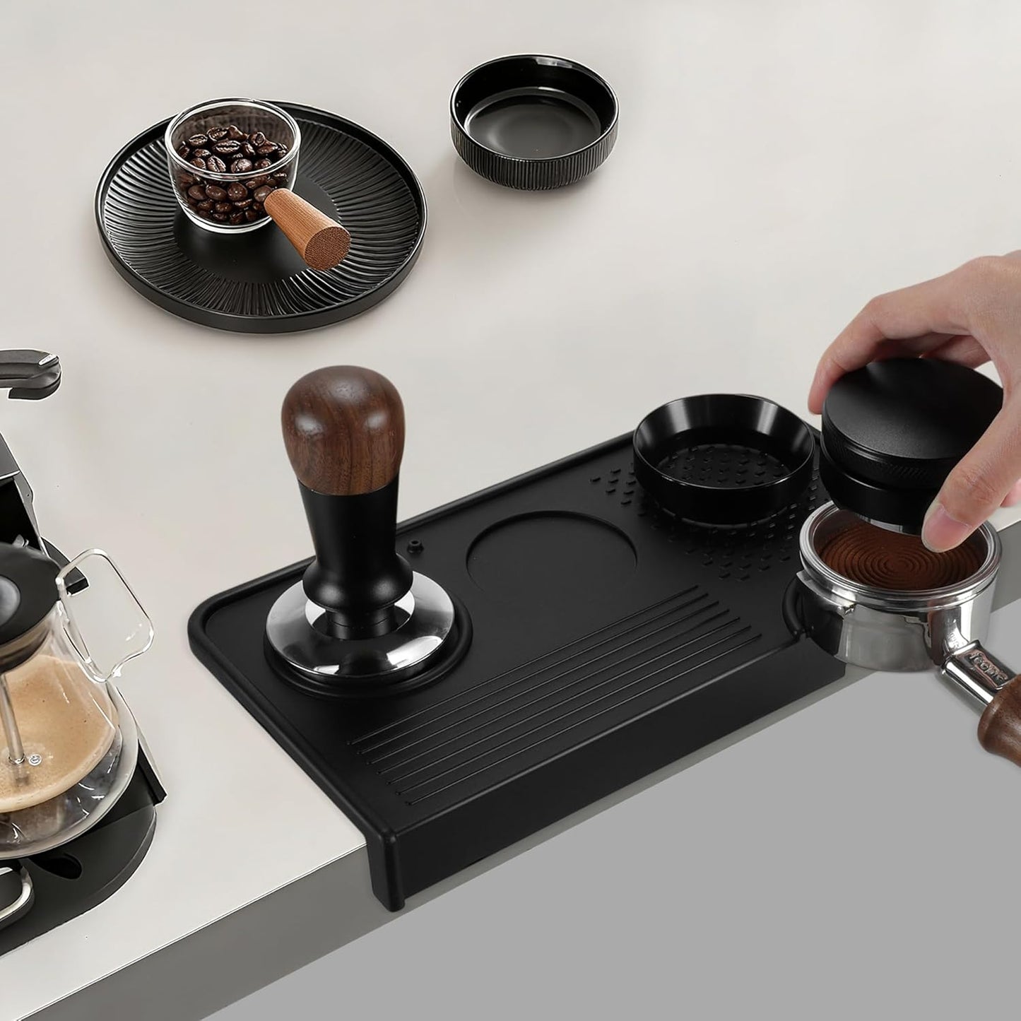 VOCOSTE Espresso Tamping Mat, Non-Slip, Prevents Portafilters from Damaging the Counter, Silicone 10.43"x5.51" Coffee Tamper Mat for Barista Espresso Machine Accessories, Black