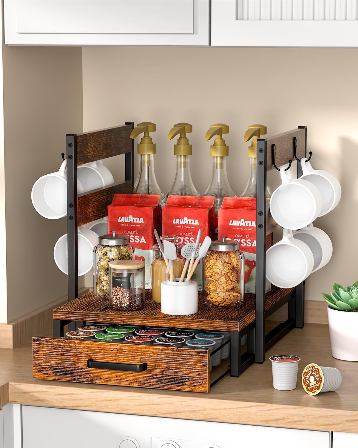 K Cup Holder, 35 Pod Capacity, Coffee Pod Holder Compatible with Keurig, Coffee Station Organizer for Countertop with Cup Rack, Rustic Brown
