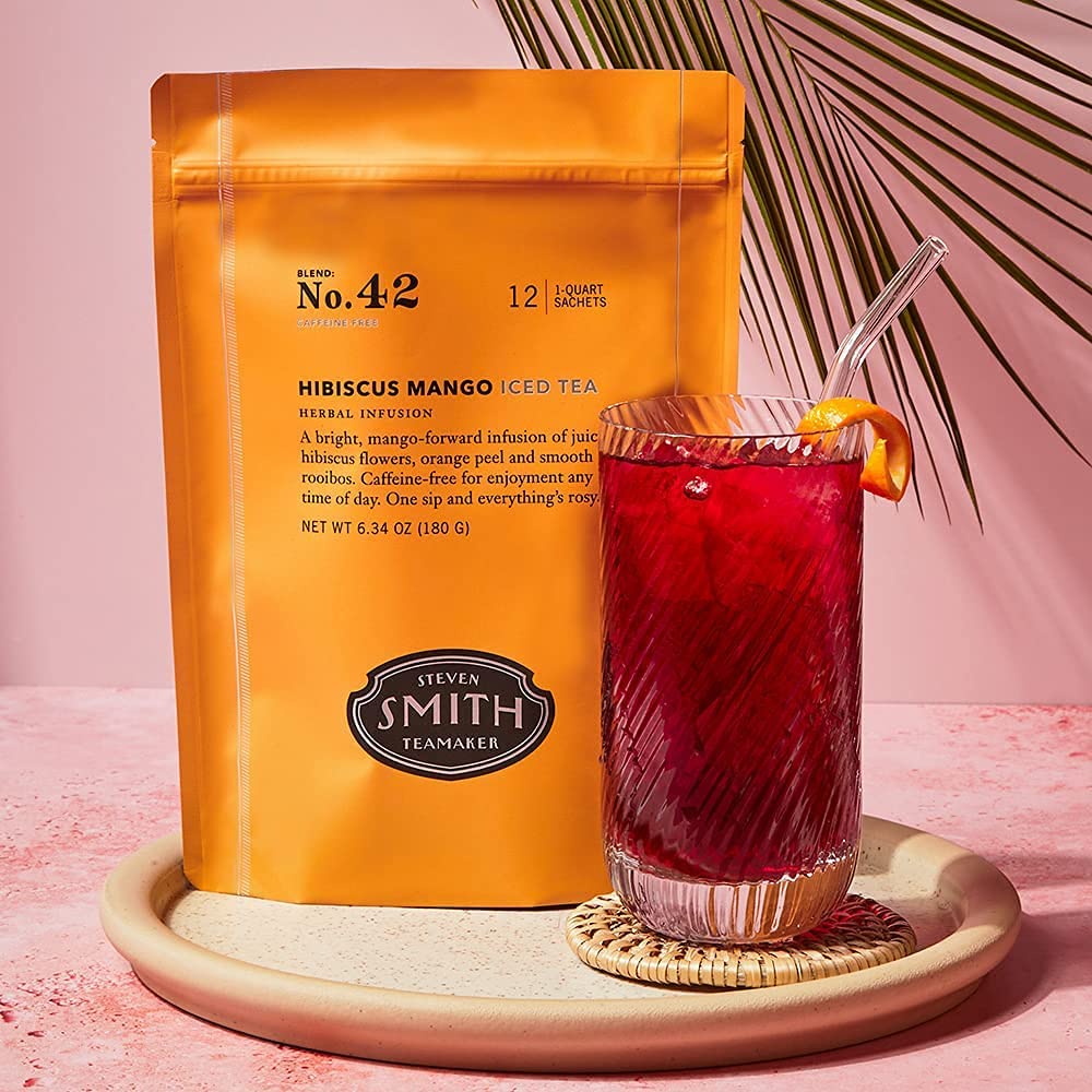 Steven Smith Teamaker Hibiscus Mango Iced Tea No. 42, Refreshing, Caffeine-Free, Sustainably Grown, Full Leaf Herbal Iced Tea, 10 Count, 1 Quart Sachets