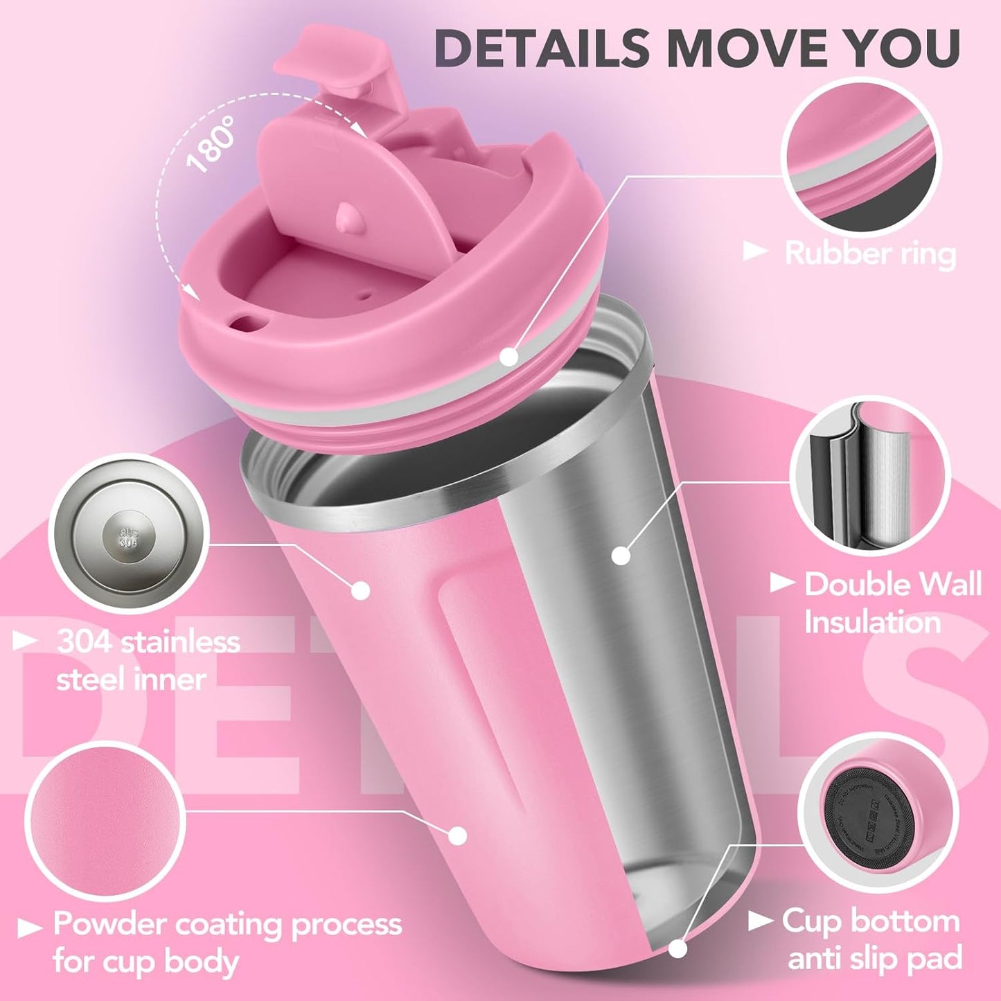Volhoply 12 oz Double Wall Insulated Vacuum Travel Coffee Mug with Flip Lid Bulk 8 Pack,Reusable Stainless Steel Leak Proof Coffee Cup,Portable Cafe Thermal Tumblers for Hot & Cold Drinks(Pink,8 Set)