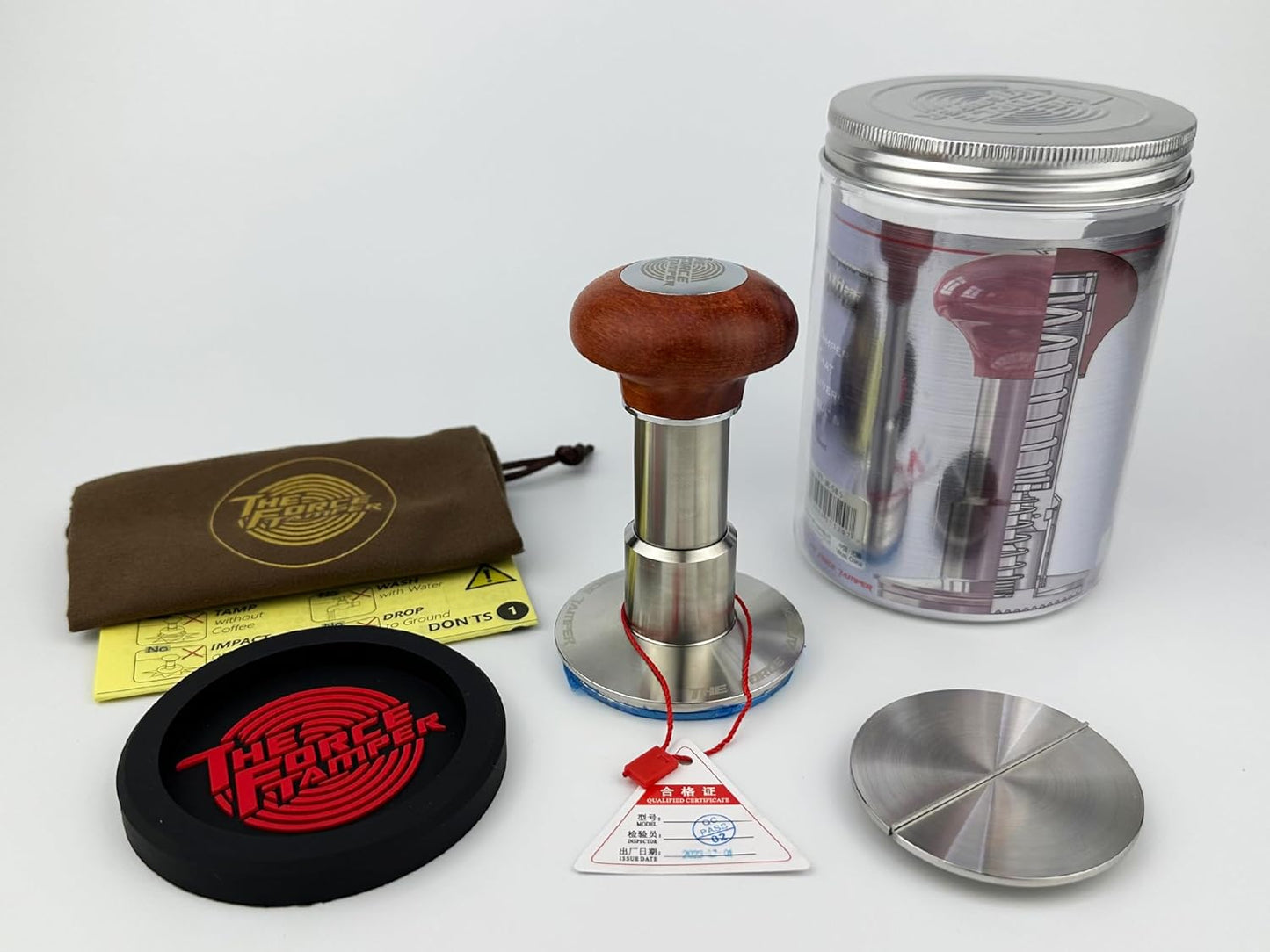 The Force Tamper Automatic Impact Adjustable Constant Pressure and Autoleveling Coffee Tamper Reddish Brown Jellyfish Wooden Handle Set Pro (Flat-Distribute Set, 58.50mm)