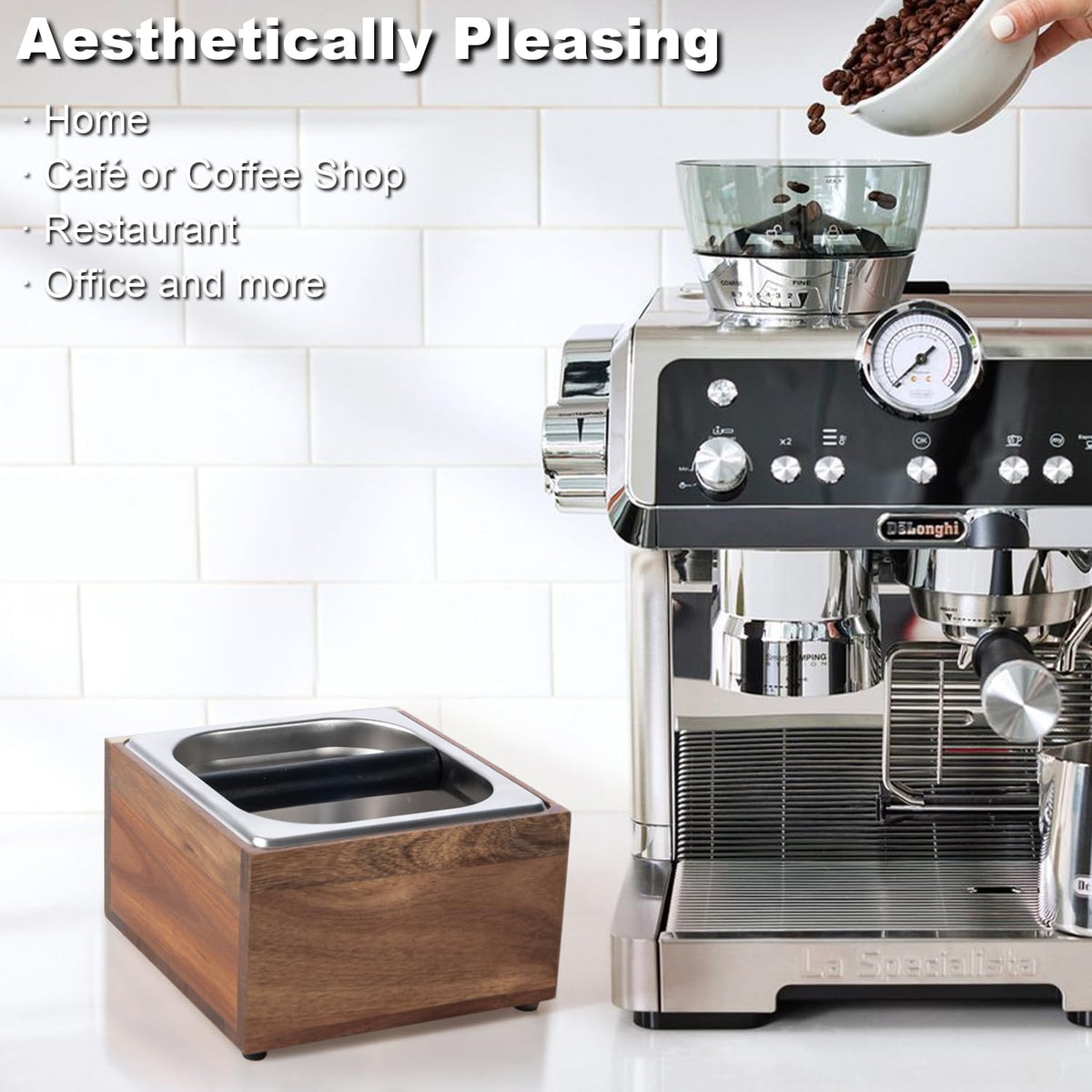 Knock Box Espresso - Coffee Knock Box and Tamp Station for Espresso Coffee Grounds Puck, Tamping Station Large Capacity Non-Slip Base Stainless Steel Dump Bin Barist Tools Quiet Design