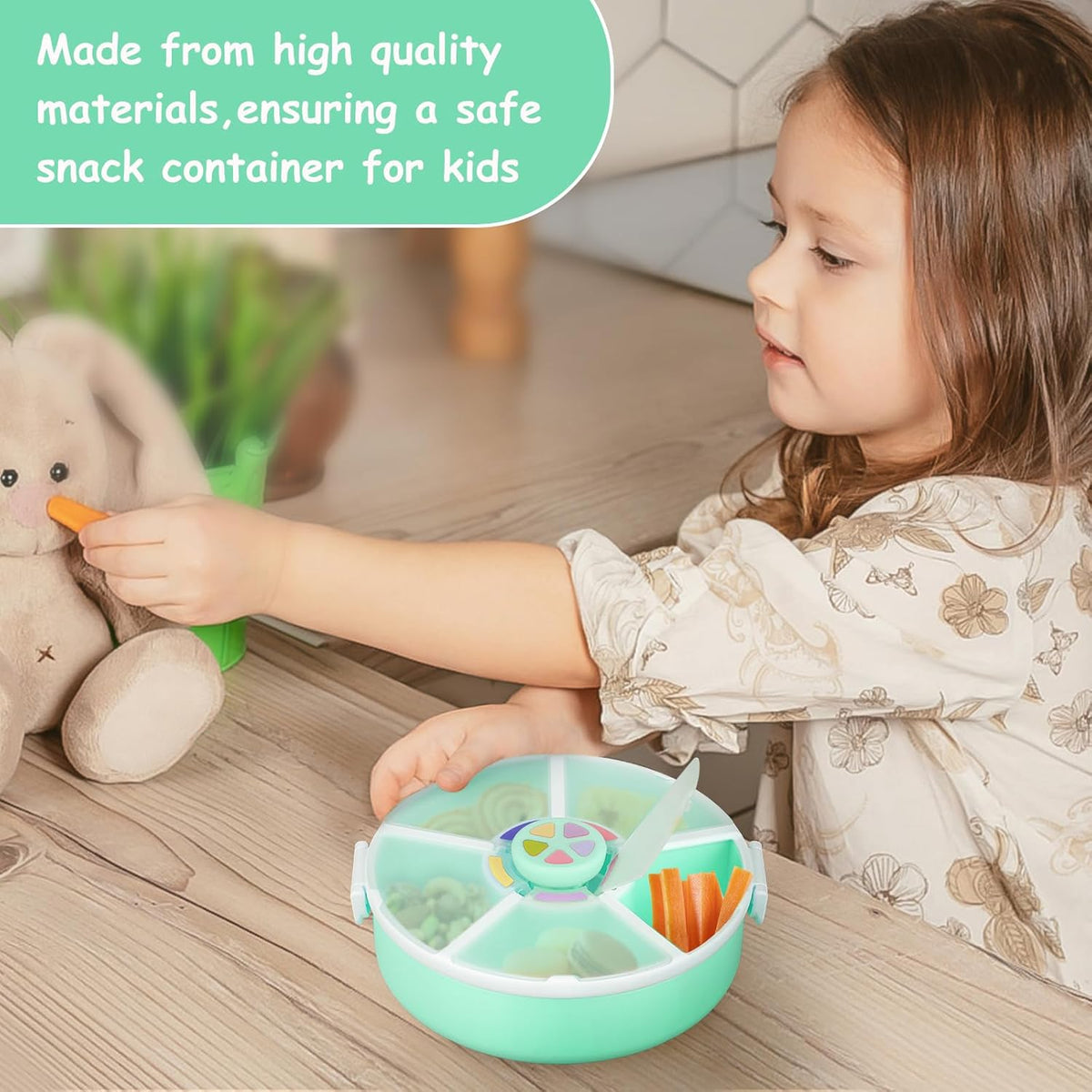Kids' Rotating Snack Container Set – 2-Pack, Includes 1 Rotating Snack Container & 1 Round Sectioned Snack Box, BPA-Free, Dishwasher Safe, Perfect for Travel-Green