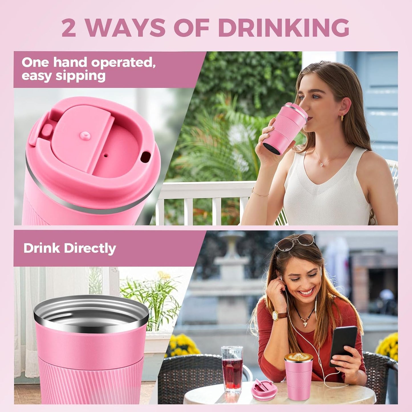 Volhoply 13 oz Stainless Steel Insulated Travel Coffee Mug with Fip Lid Bulk 8 Pack,Reusable Double Wall Vacuum Metal Coffee Cup,Portable Leak Proof Thermal Tumbler for Hot & Cold Drinks(Pink,8)