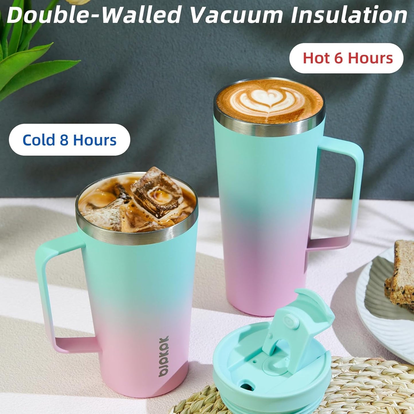BJPKPK Insulated Tumbler with Handle, 18oz Insulated Tumblers with Lid and Straw, Stainless Steel Metal Water Bottles, Coffee Travel Mugs, Cups, Mint