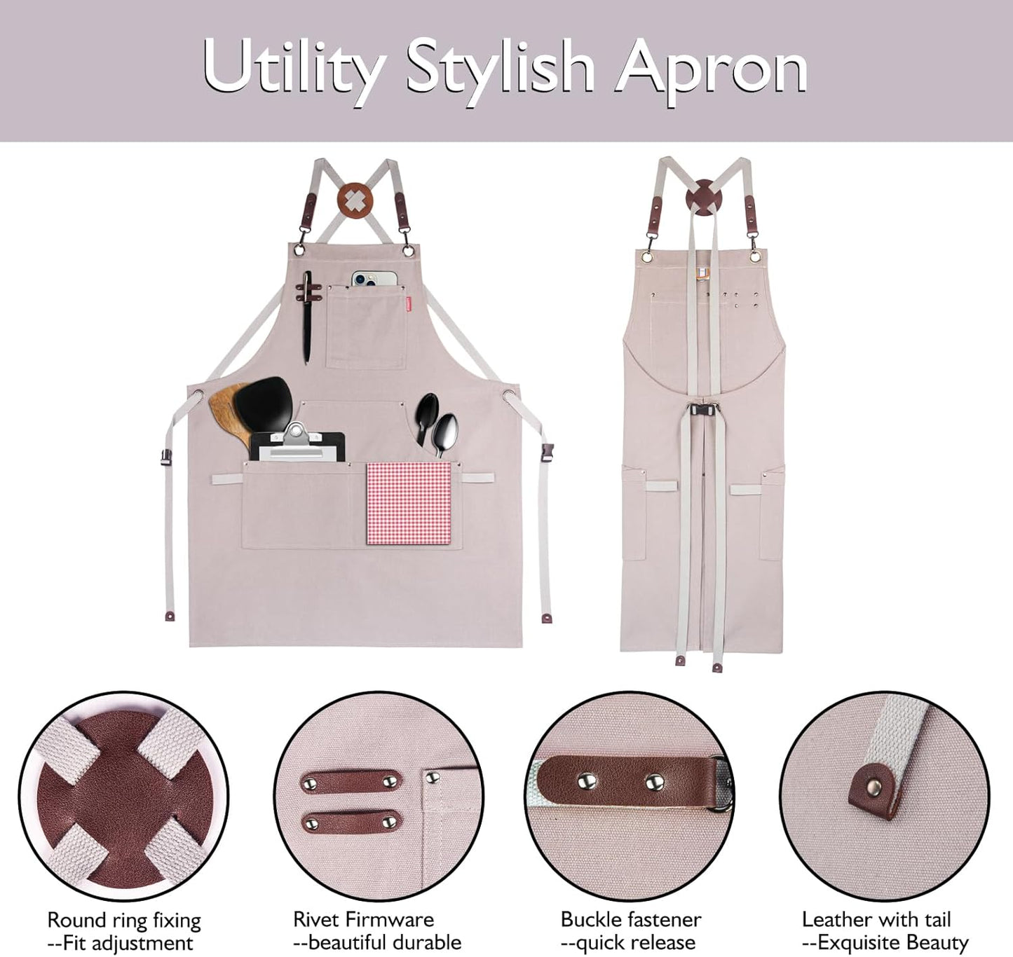 5 Pack Kitchen Apron, Work Apron, Canvas, Multiple Pockets, Gardening, Painting, BBQ, Artist, Carpenter, Sizes M to XXL, Grey