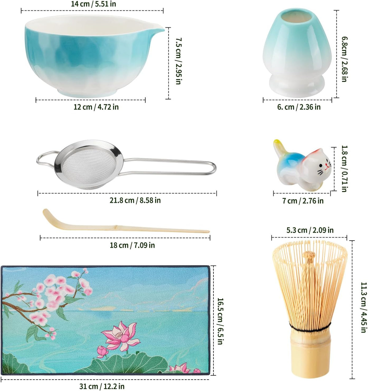 Aganippe 7 Pcs Matcha Whisk Set,Matcha Set, Matcha Kit, Matcha Tea Set,Matcha Bowl Set with Cat Scoop Holder, Tea Cloth, Sifter(Gradient Turquoise)