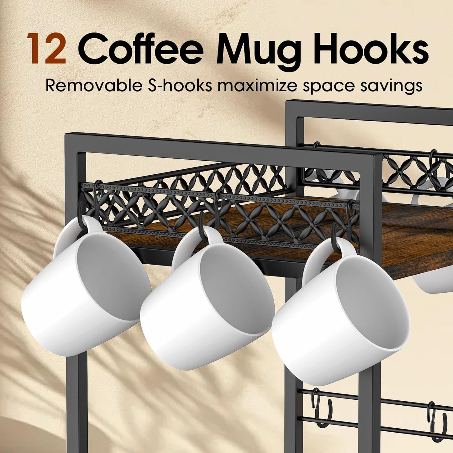 Coffee Bar Organizer Countertop, 2 Tier Mug Cup Holder Stand with 12 Hooks, 30 K Cup Coffee Pod Drawer with Mug Rack, Multifunctional Shelf Organizer for Accessories Station Kitchen (Brown)