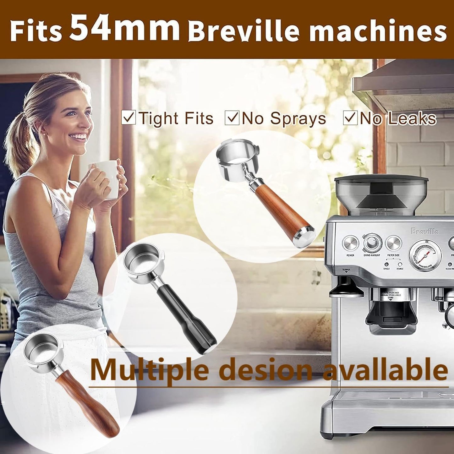 54mm Coffee Bottomless Portafilter, Compatible with Breville Barista Bes 870/878/880/876/840/810/500/450 Replacement Parts Bottomless Portafilter(Reddish brown)