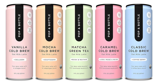 Pop & Bottle, Oat Milk Lattes - Maca, Antioxidants, Ashwagandha, MCT Oil, Collagen, Mushrooms, Organic, Dairy & Gluten Free, Great as Iced Coffee, Lightly Sweetened with Dates - 8 Fl Oz (5 Pack)