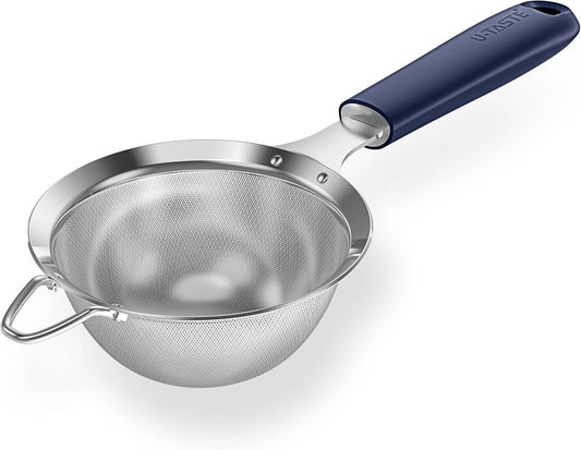 18/8 Stainless Steel Mesh Strainer: U-Taste 3.9 Inch Kitchen Fine Mesh Sieve Food Colander with Riveted Sturdy Silicone Handle and 30 Mesh Hole for Straining Flour, Quinoa, Tea, Juice (Midnight Blue)