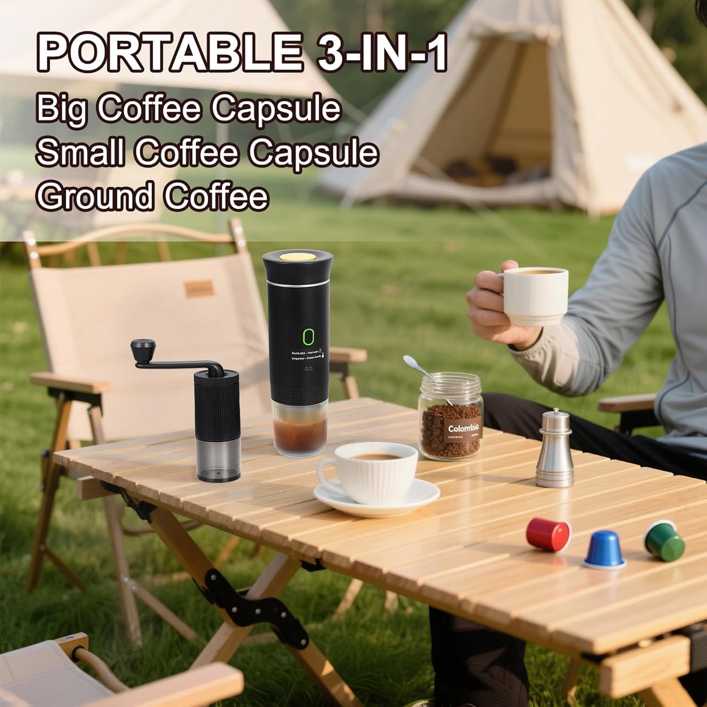 Coffee Maker Set, Portable Espresso Machine and Coffee Grinder, 3 in 1 Travel Coffee Maker Compatible Ground Coffee, Capsules (NS＆DG) for Outdoor Camping Hiking Office
