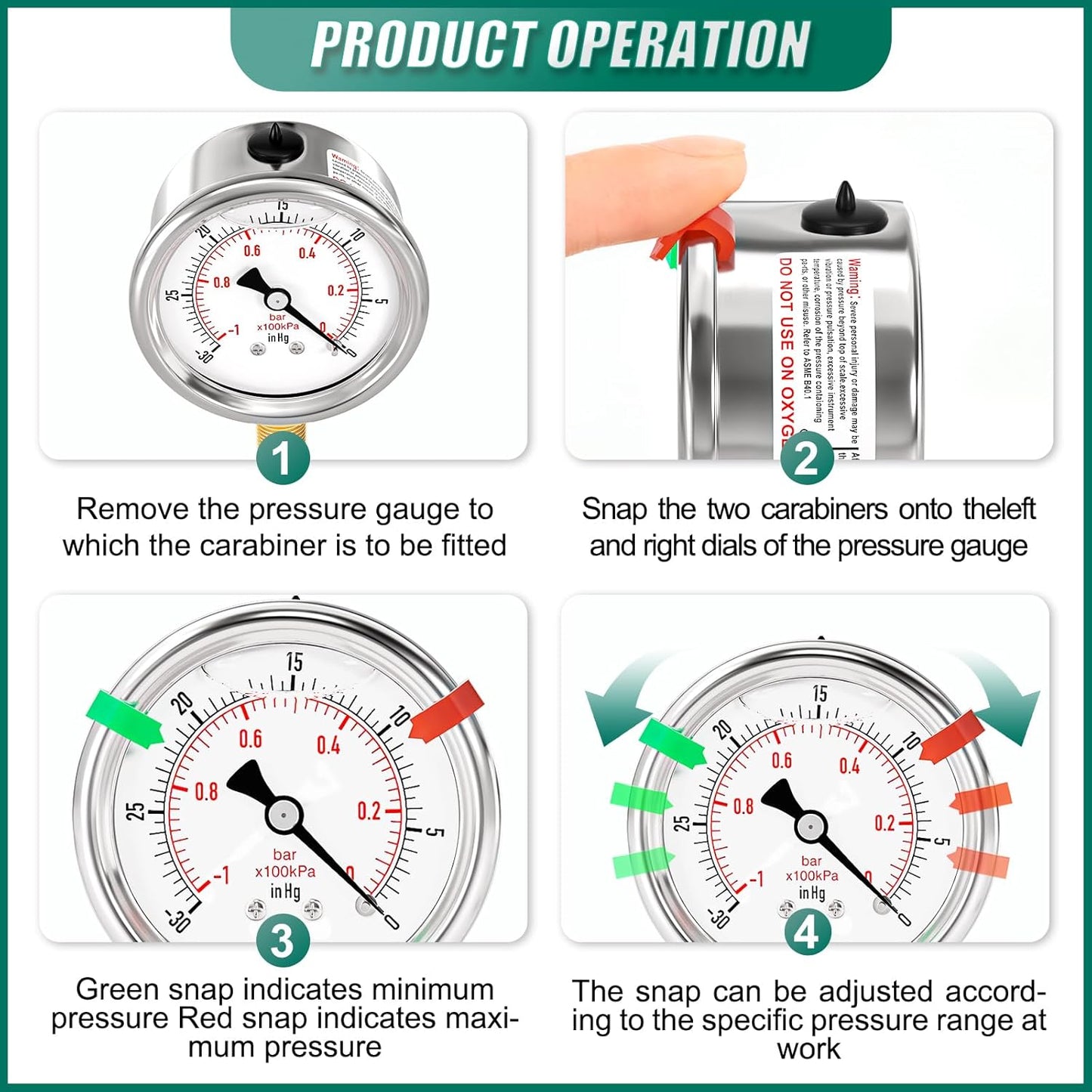 '-30inHG~0Psi Stainless Steel Liquid Filled Pressure Gauge, 2.5" Dial Size, 1/8" NPT Lower Mount, for Tube, Water Pump, Gas, Liquid, Pressure Test (with Range Mark Pointer)