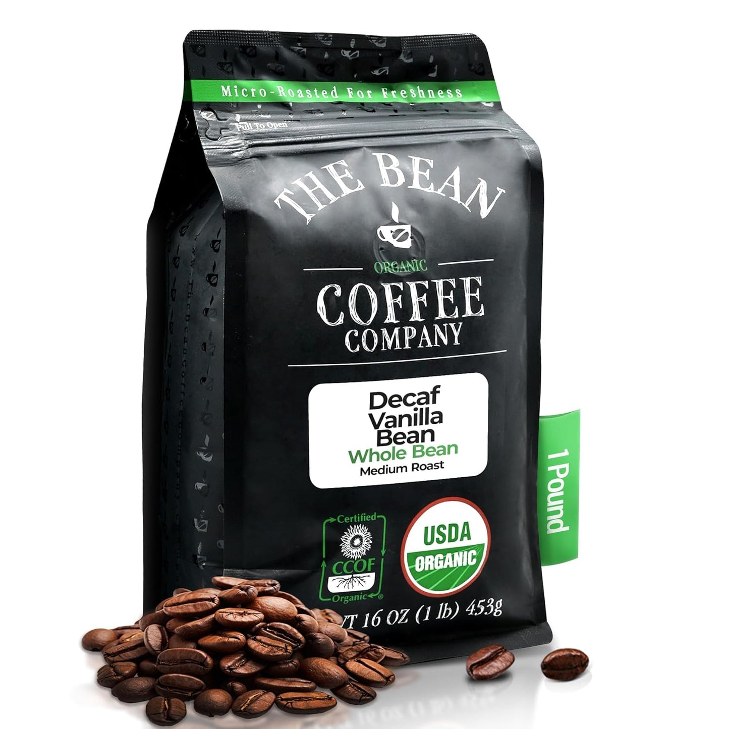 The Bean Organic Coffee Company Water Processed DECAF Vanilla Bean, Medium Roast, Whole Bean Coffee, 16-Ounce Bag