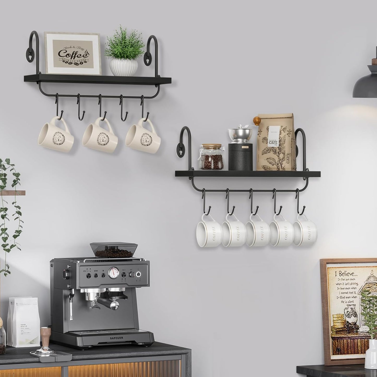 Olakee Floating Wall Shelves for Kitchen Bathroom Coffee Nook with 10 Adjustable Hooks for Mugs Cooking Utensils or Towel Rustic Storage Shelves Set of 2/17x5.9 inch (Black)