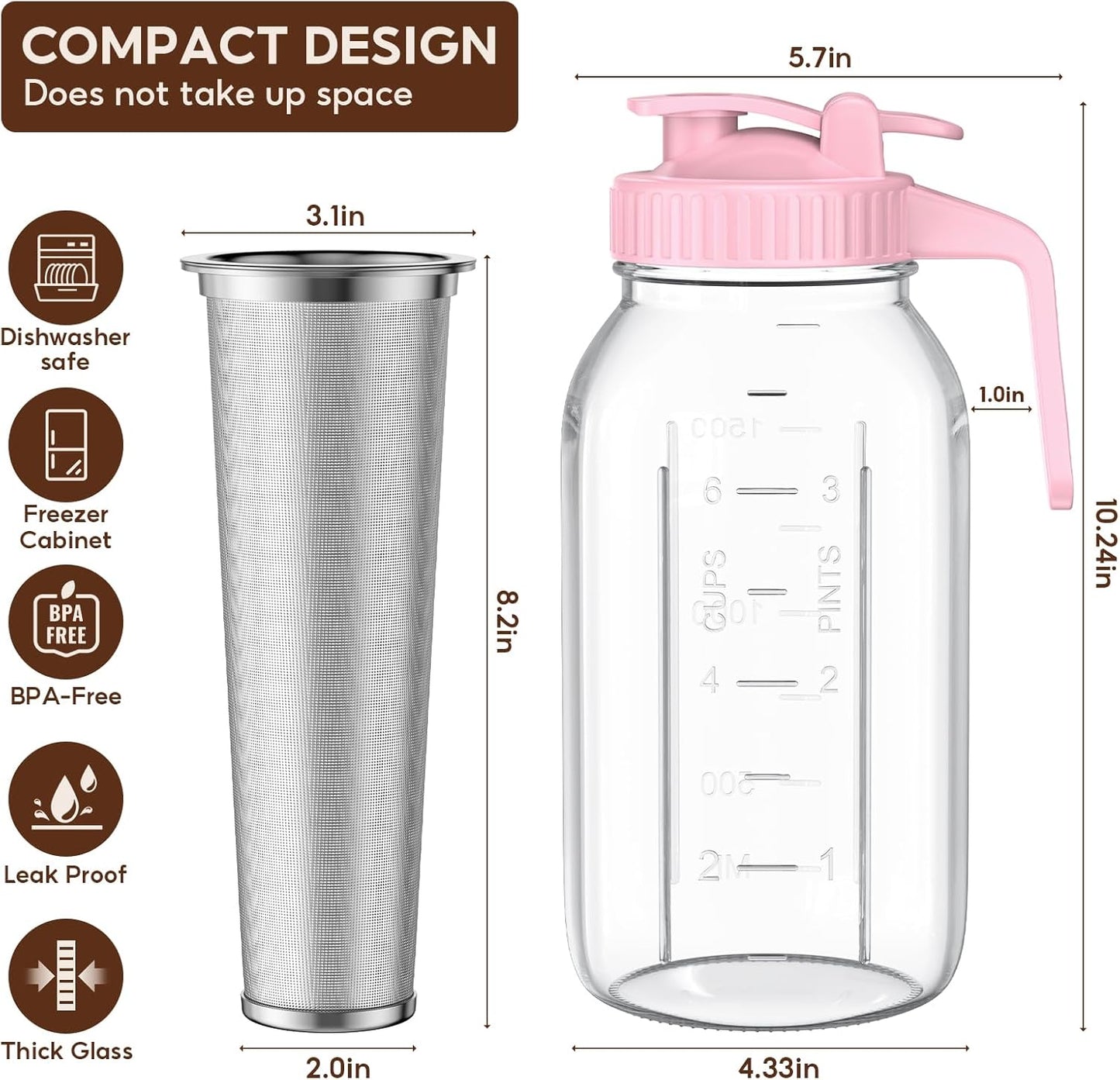 Cold Brew Coffee Maker Jar - 2 Pack 64 oz Glass Cold Brew Maker with Handle, Stainless Steel Filter & Leak-Proof Lid, Heavy Duty Cold Brew Pitcher for Iced Coffee, Sun Tea, and Milk