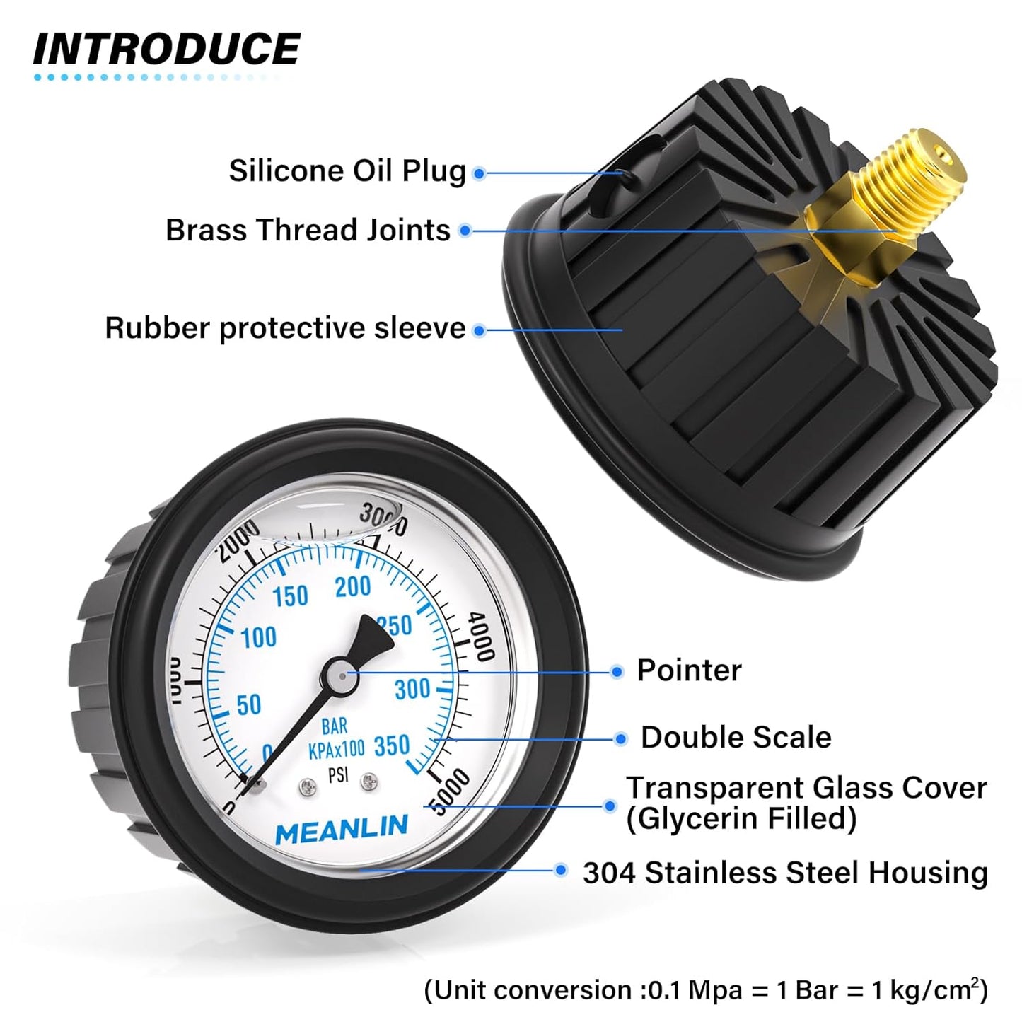 MEANLIN MEASURE 0~5000Psi Stainless Steel Liquid Filled Pressure Gauge 1/4" NPT 2.5" FACE DIAL with Rubber Protective Sleeve, Center Back Mount